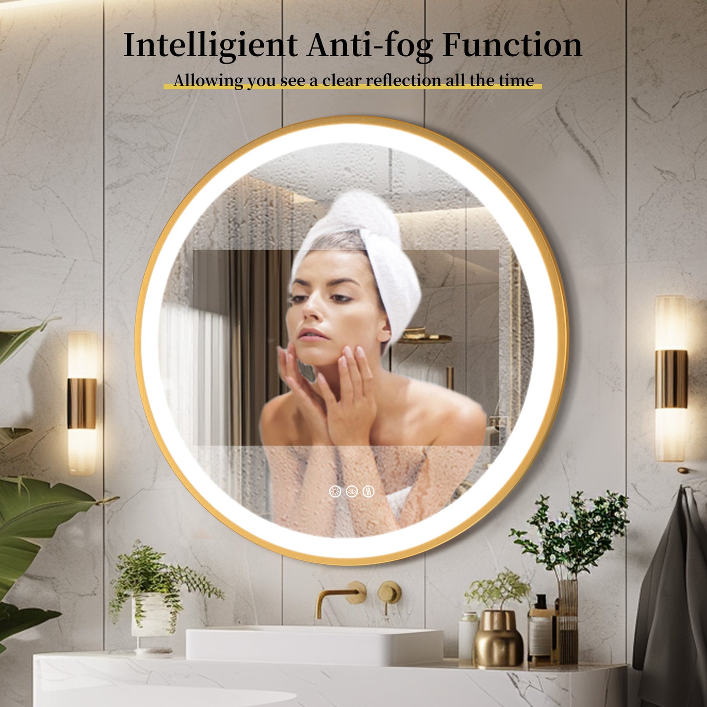 LUVODI Round LED Bathroom Mirror with Gold Aluminum Alloy Frame Sand to the Edge Mirror