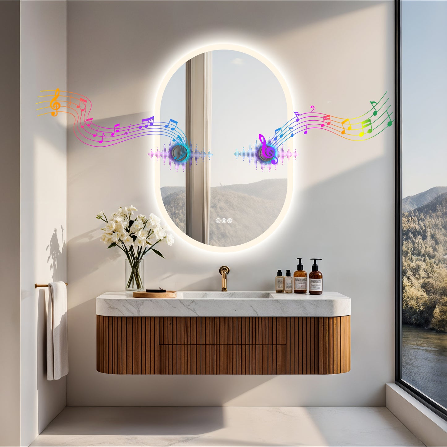 LUVODI Long Oval LED Bathroom Mirror with Bluetooth Speaker, No Display 23.62x35.43 in