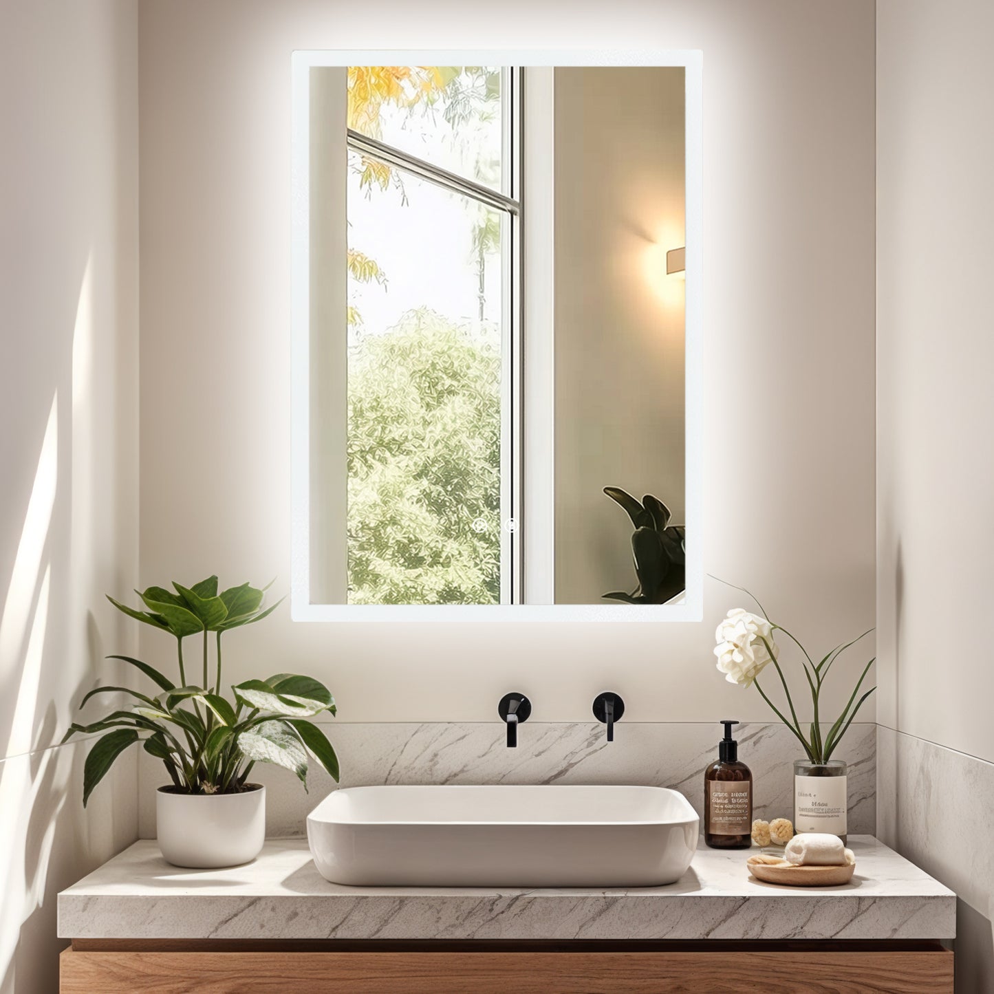 Espejo de baño rectangular LED LUVODI con luces, 2 botones (borde exterior brillante)