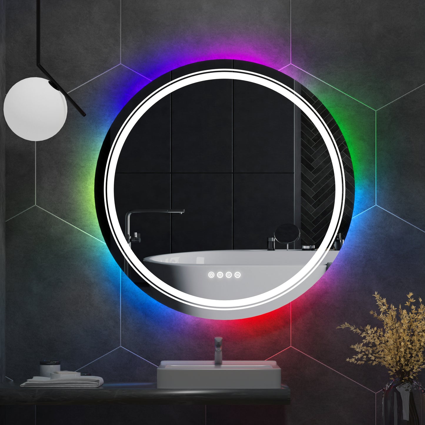 LUVODI Round LED Bathroom Mirror with 8 RGB Backlit 3 Front Light Color Smart Defogging Touch