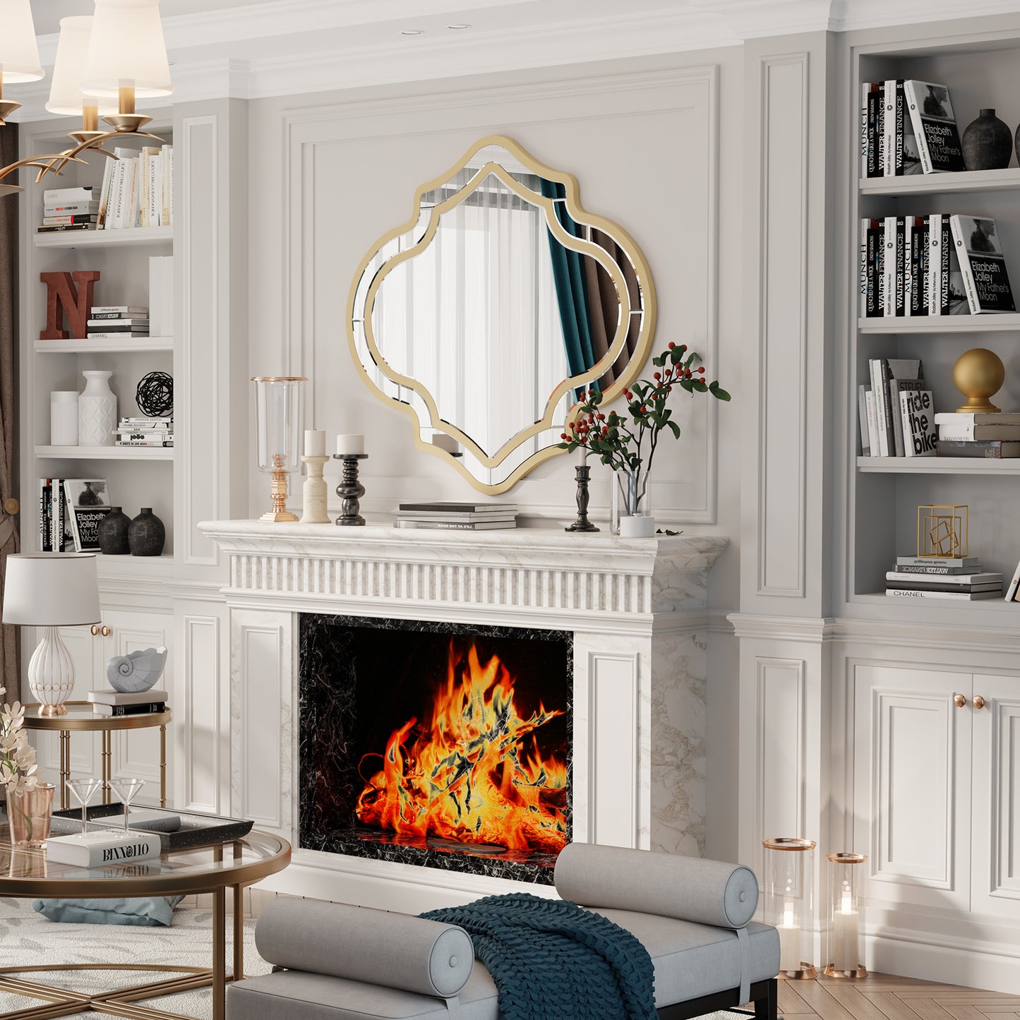 Irregular Silver Wall Decor Mirror Golden Rim for Hallway 31”x34”