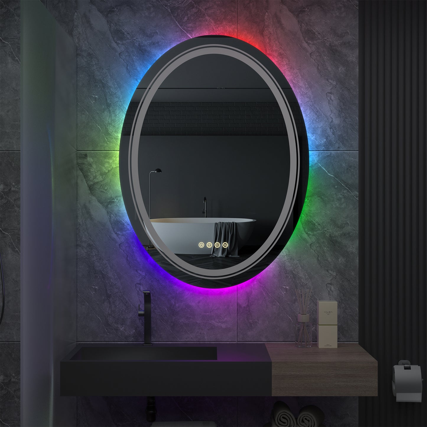 LUVODI 60x80cm Oval LED Bathroom Mirror with 8 RGB Backlit 3 Front Light Color Smart Defogging TouchCRI>90