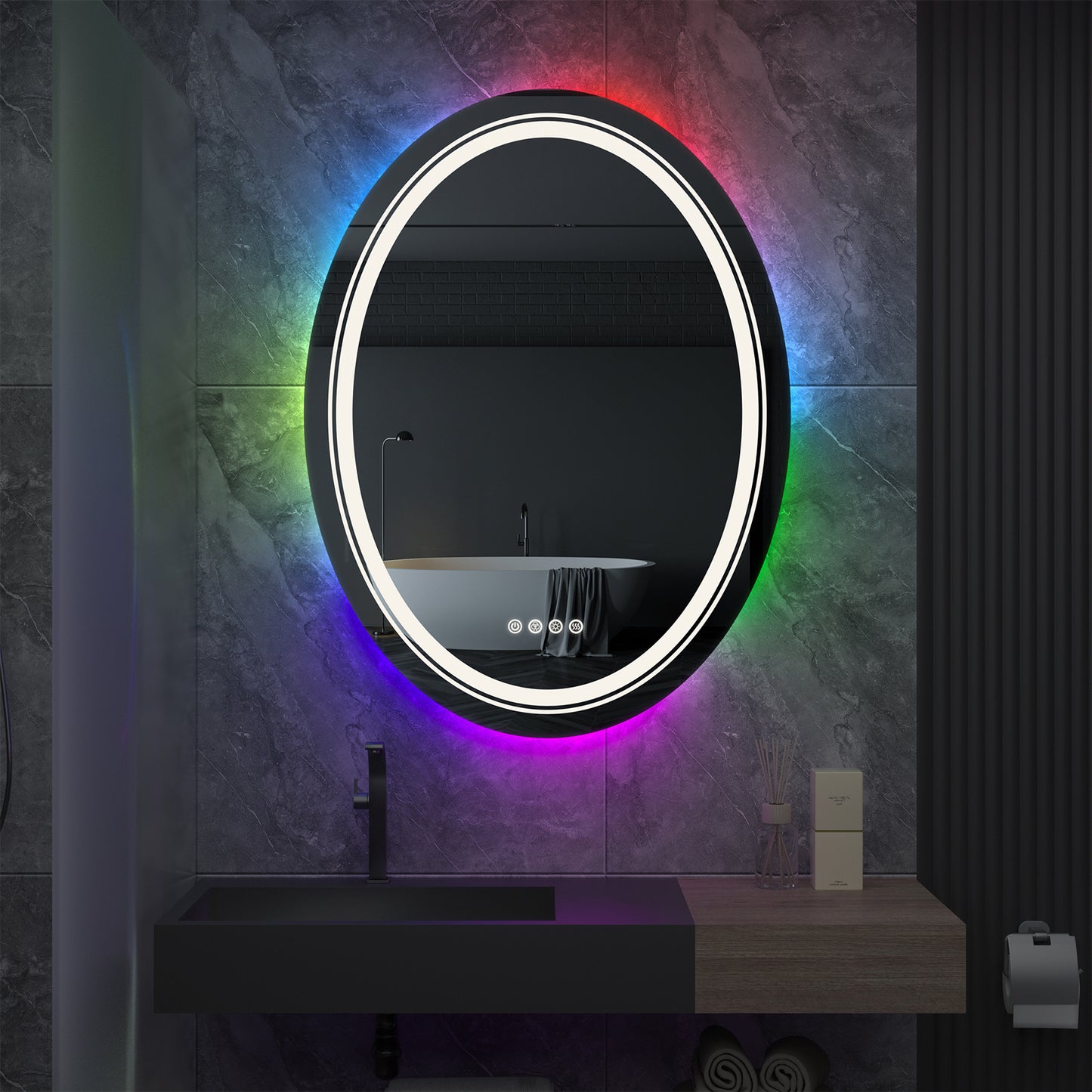 LUVODI 60x80cm Oval LED Bathroom Mirror with 8 RGB Backlit 3 Front Light Color Smart Defogging TouchCRI>90
