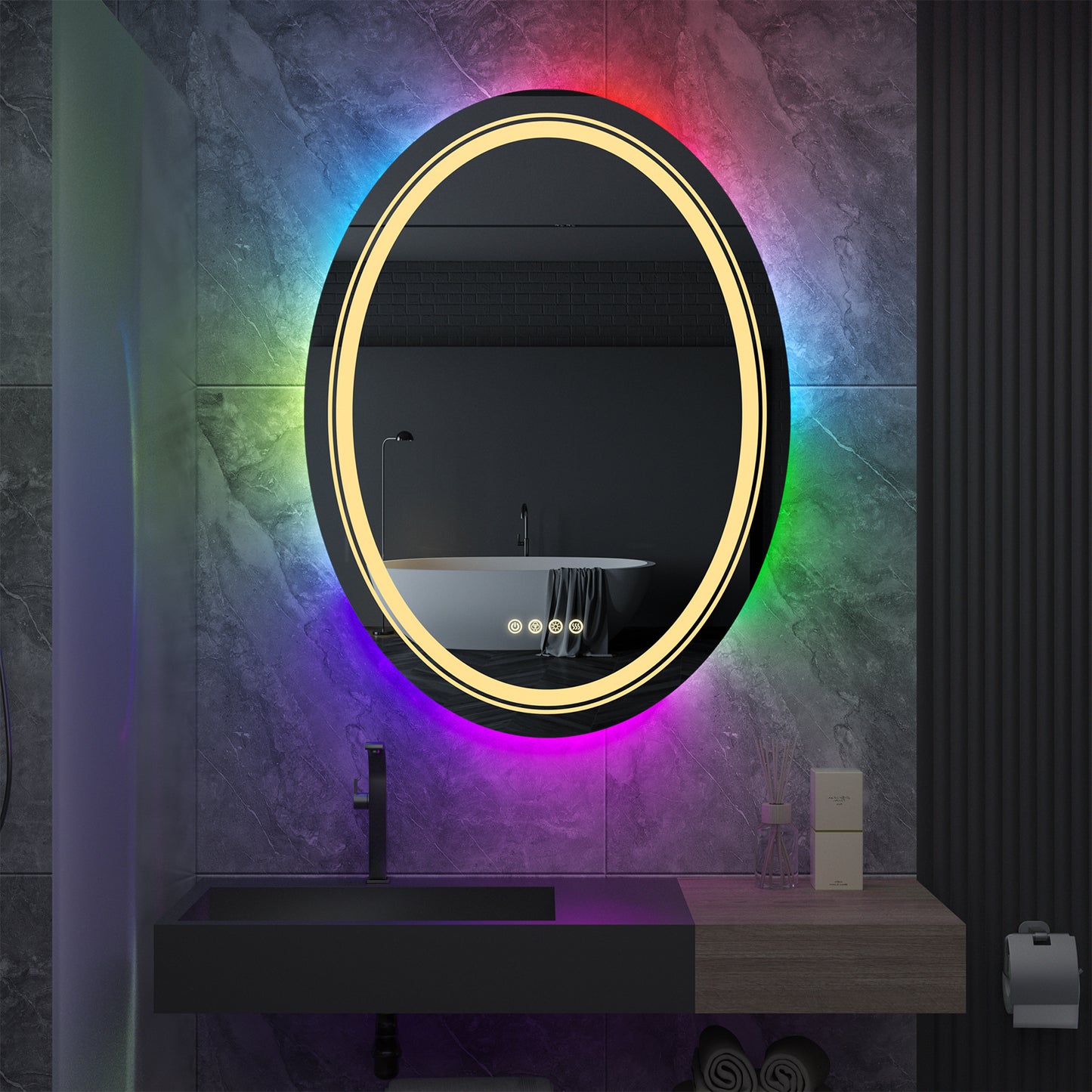 LUVODI 60x80cm Oval LED Bathroom Mirror with 8 RGB Backlit 3 Front Light Color Smart Defogging TouchCRI>90