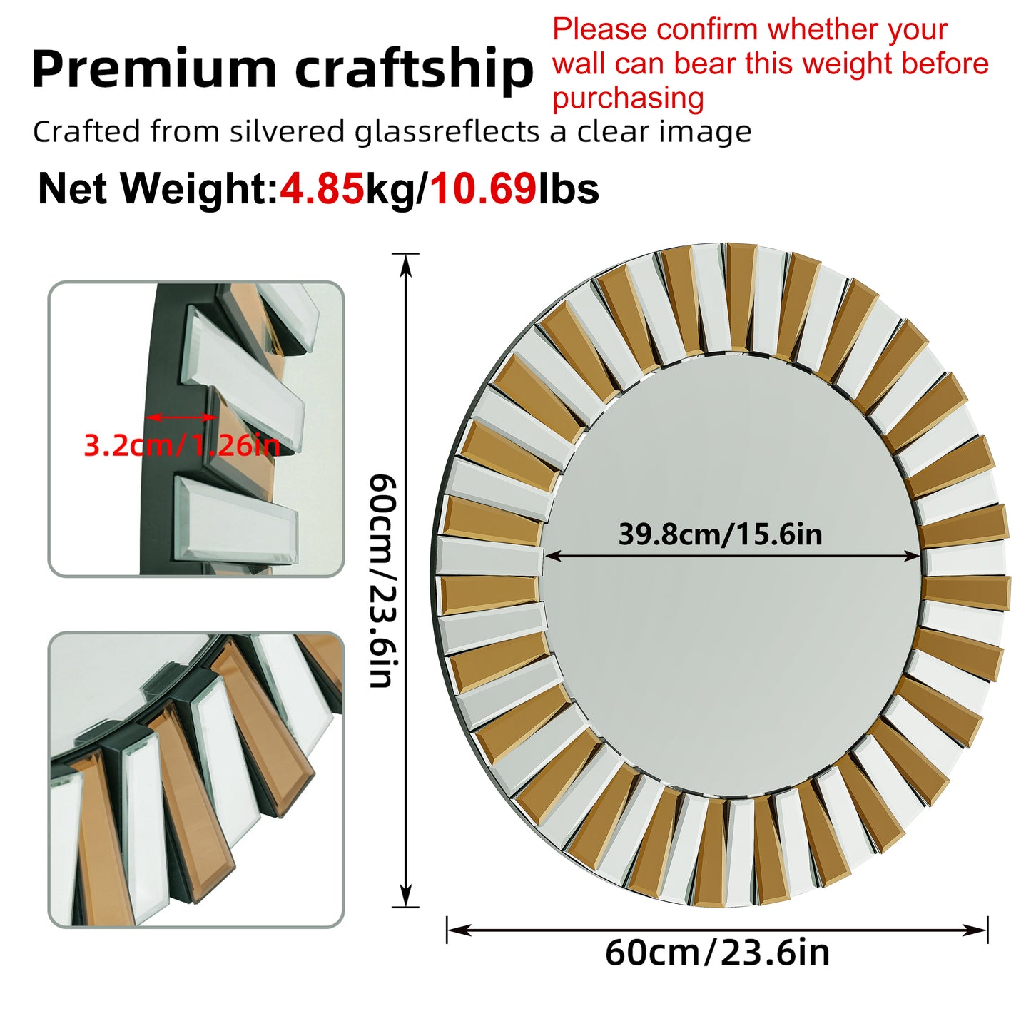 Contemporary Decorative Wall Mirror Round Starburst Mirror w/ Glass Beveled Edge for Living Room