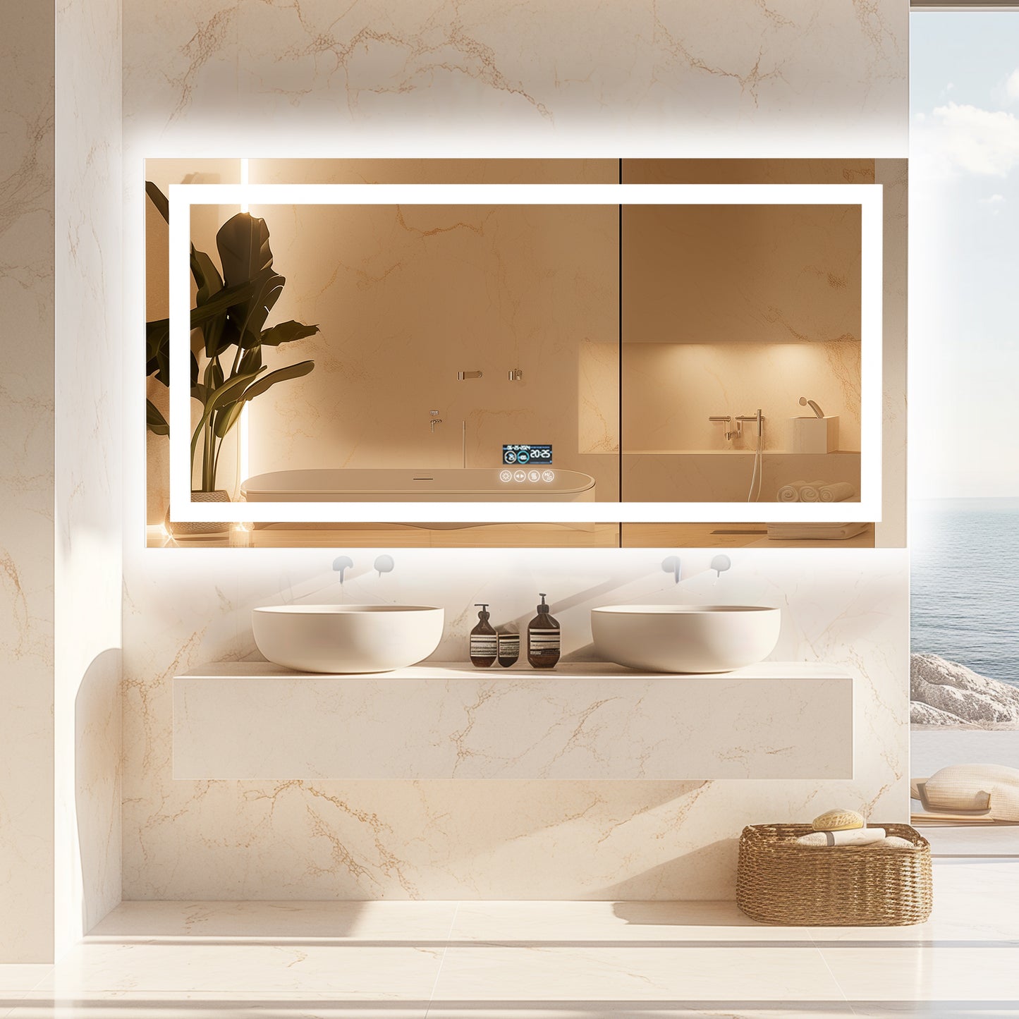 LUVODI LED Rectangular Bluetooth Mirror with Samrt Display Horizontal Hanging