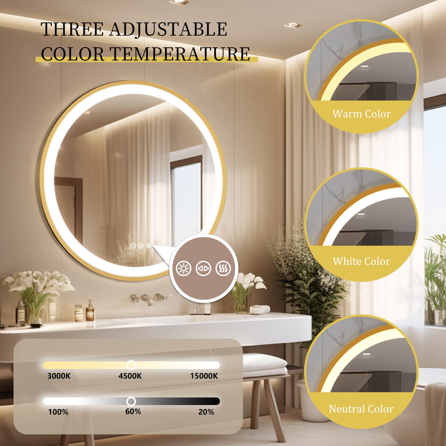 LUVODI Round LED Bathroom Mirror with Gold Aluminum Alloy Frame Sand to the Edge Mirror