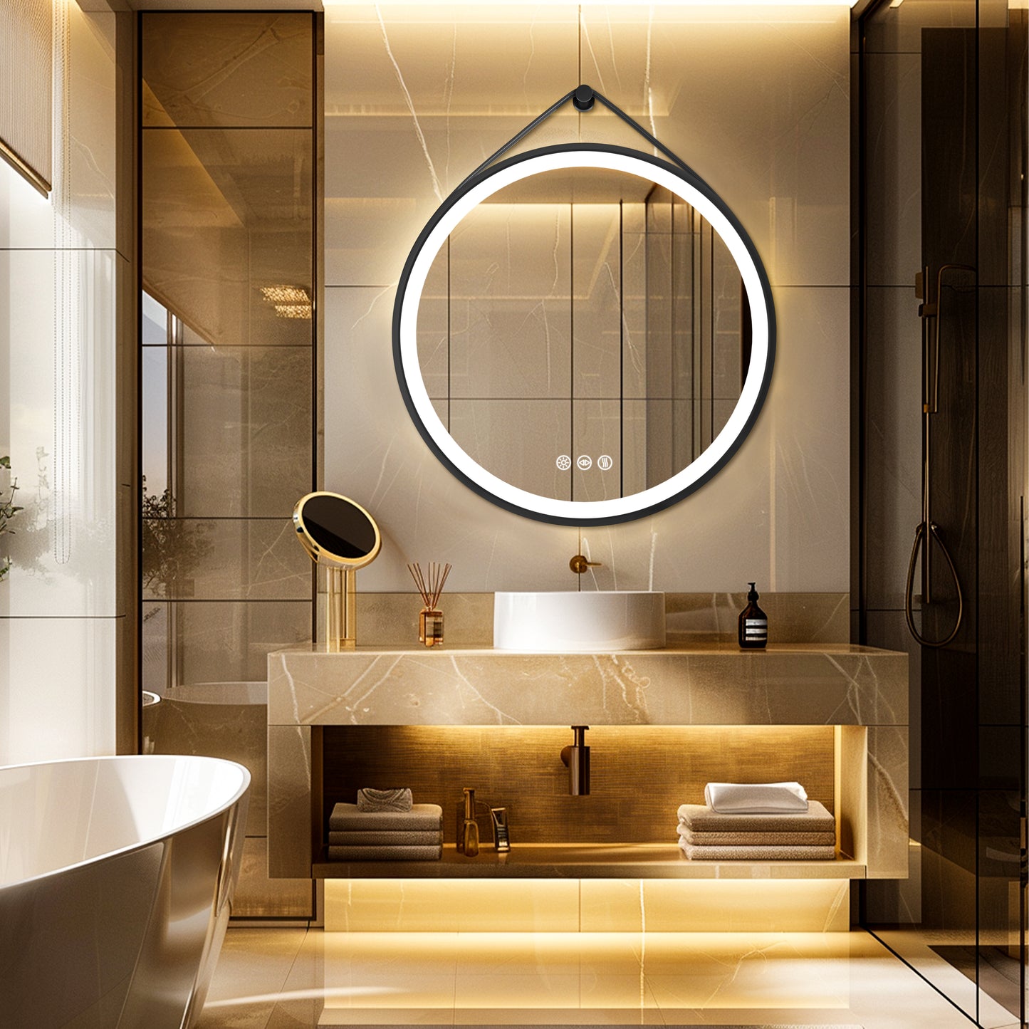 LUVODI Lighted Bathroom Mirror with Strap Round LED Bathroom Mirror