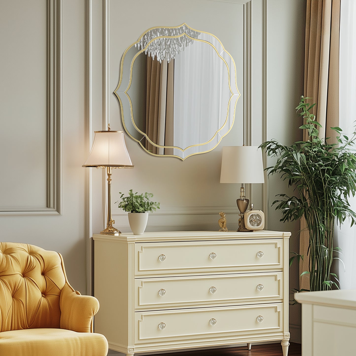 Flower-shaped Silver Glass Wall Decor Mirror Beveled Gold Rim Accent Mirror for Hallway, Living Room