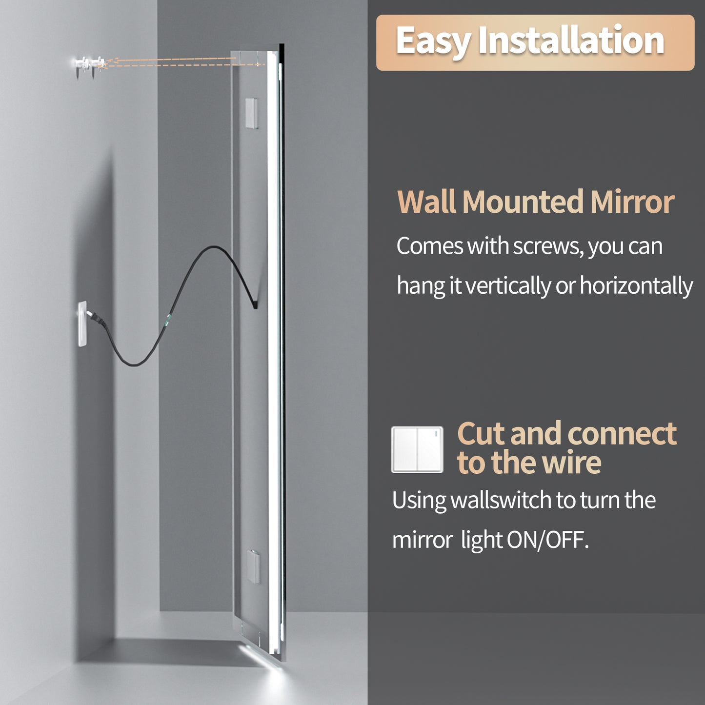 LUVODI LED Rectangular Bluetooth Mirror with Samrt Display Horizontal Hanging