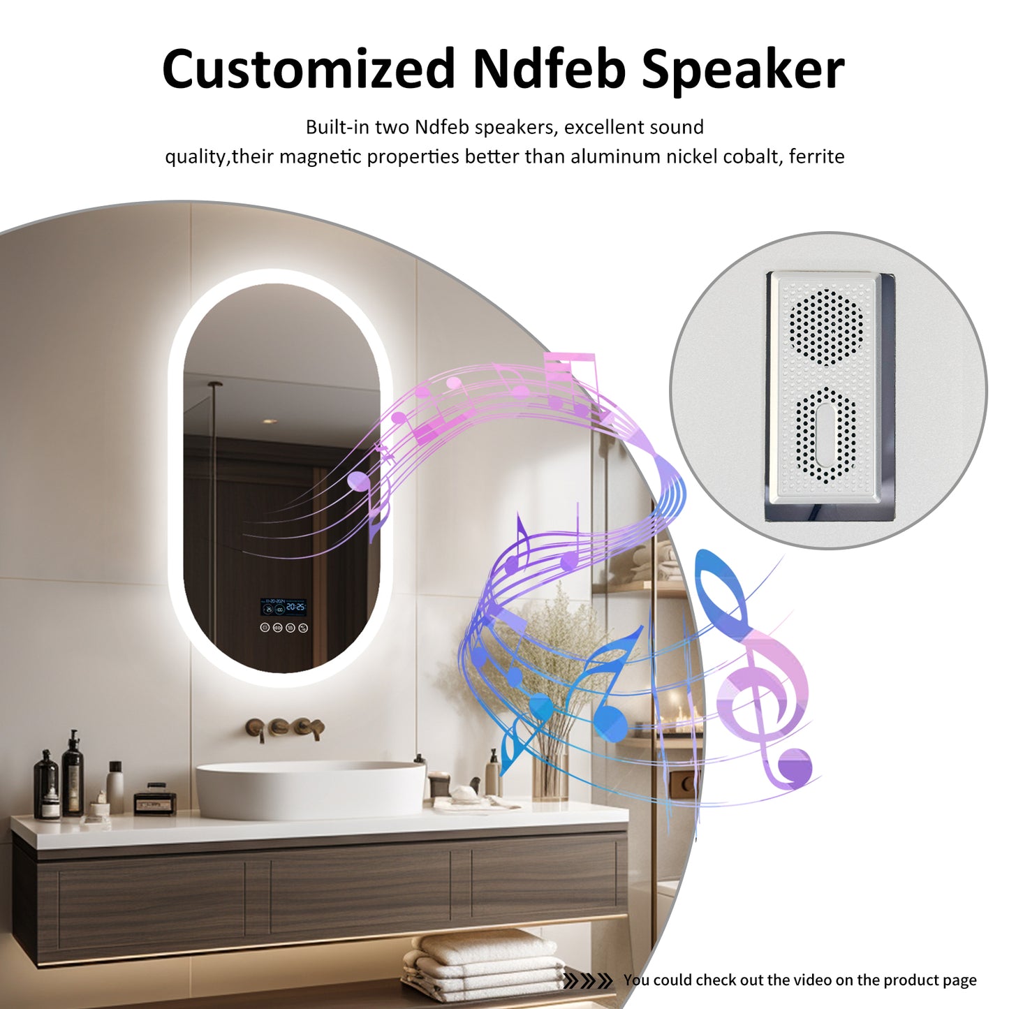 LUVODI Oval Bluetooth Bathroom Mirror 500*800mm Bluetooth Speaker Mirror Vertically Hanging
