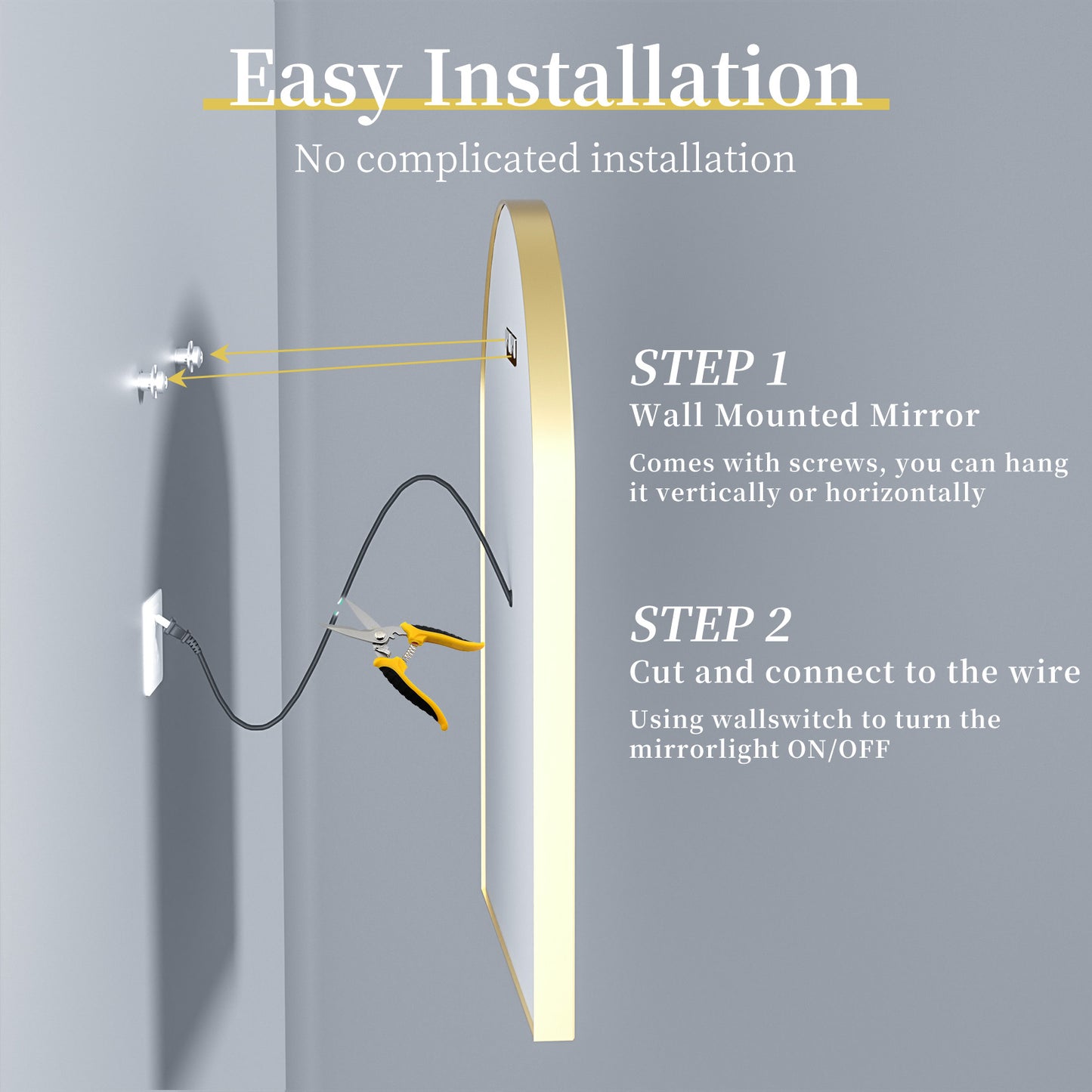 LUVODI Arched LED Bathroom Mirror with Gold Aluminum Alloy Narrow Frame Defogging 3 Color