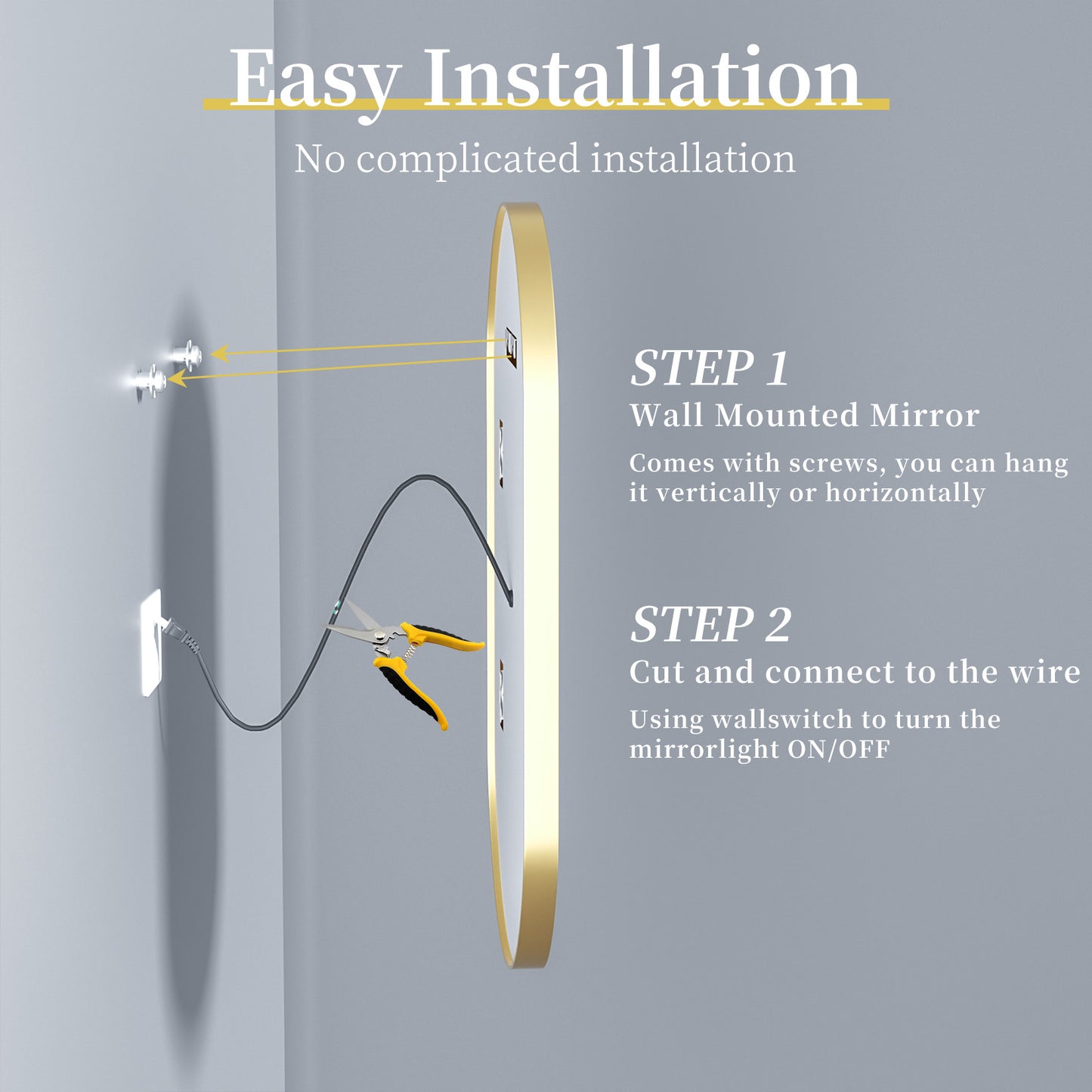 LUVODI Capsule Shape LED Bathroom Mirror with Gold Aluminum Alloy Narrow Frame Defogging 3 Color