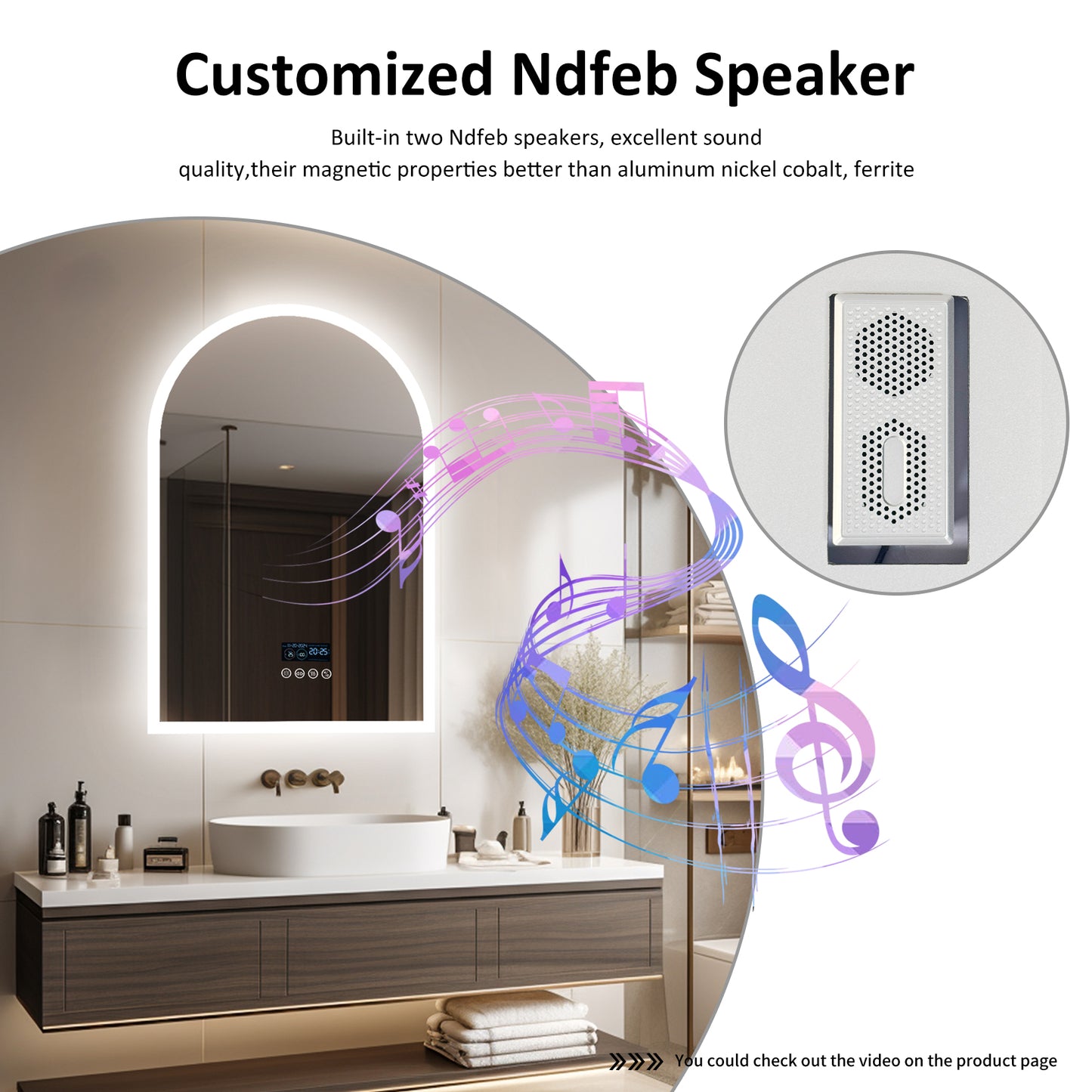 LUVODI Arched Bathroom Mirror with Bluetooth Speaker, Elegant Arch LED Lighted Bathroom Mirror 600x900mm