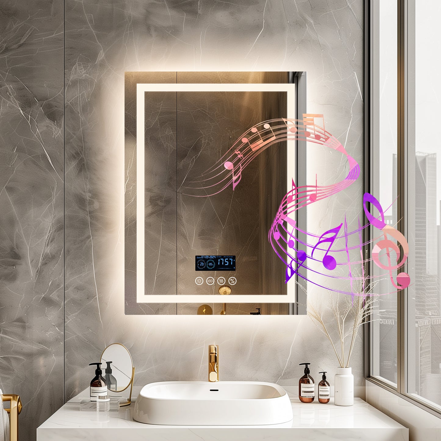 LUVODI LED Bathroom Mirror with Bluethooth Speaker Music Defogging Date & Time Display