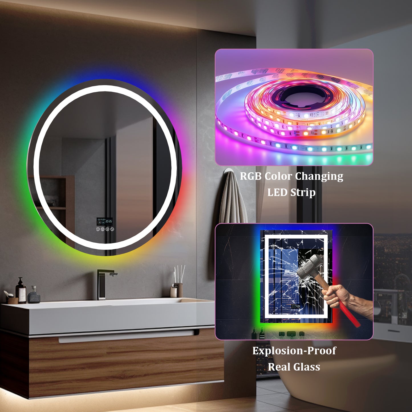 LUVODI Round LED Bluetooth Bathroom Mirror with RGB Backlit