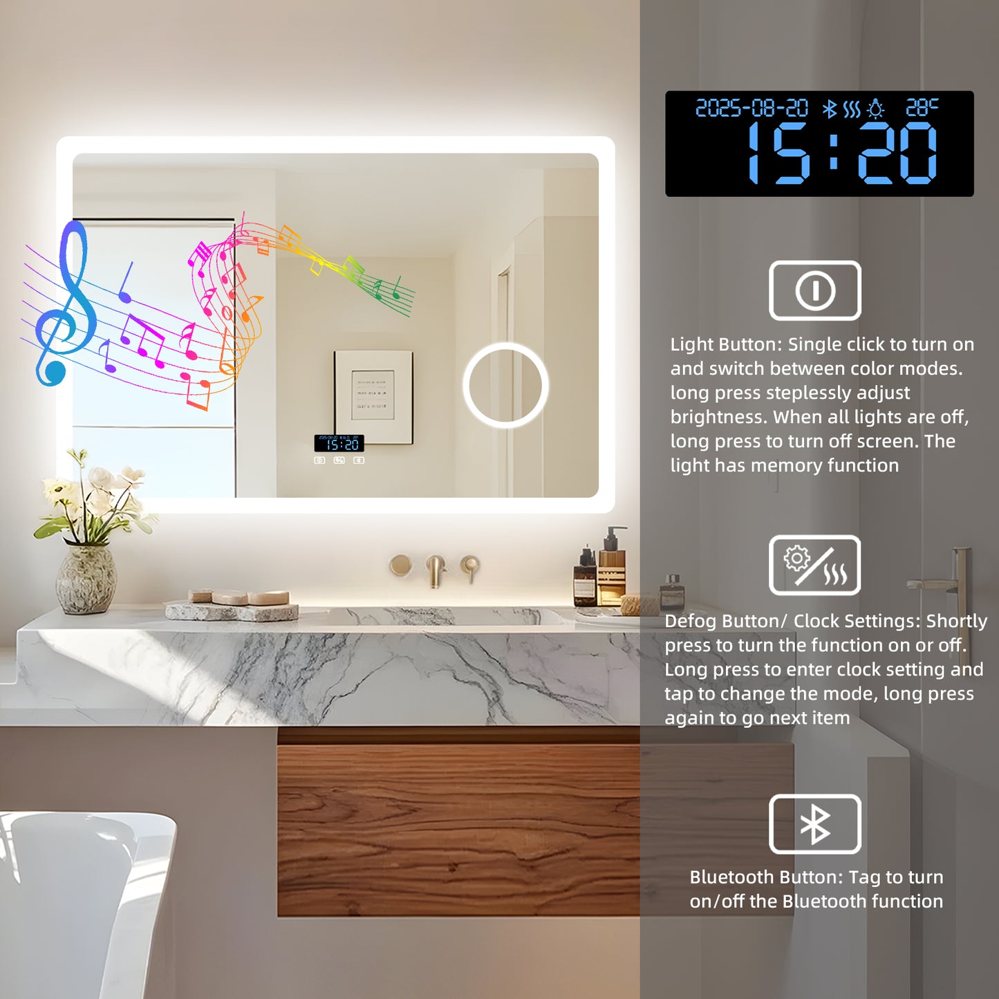 LUVODI Bluetooth Bathroom Mirror With 3X Magnifying, Time/Date Display Makeup Mirror