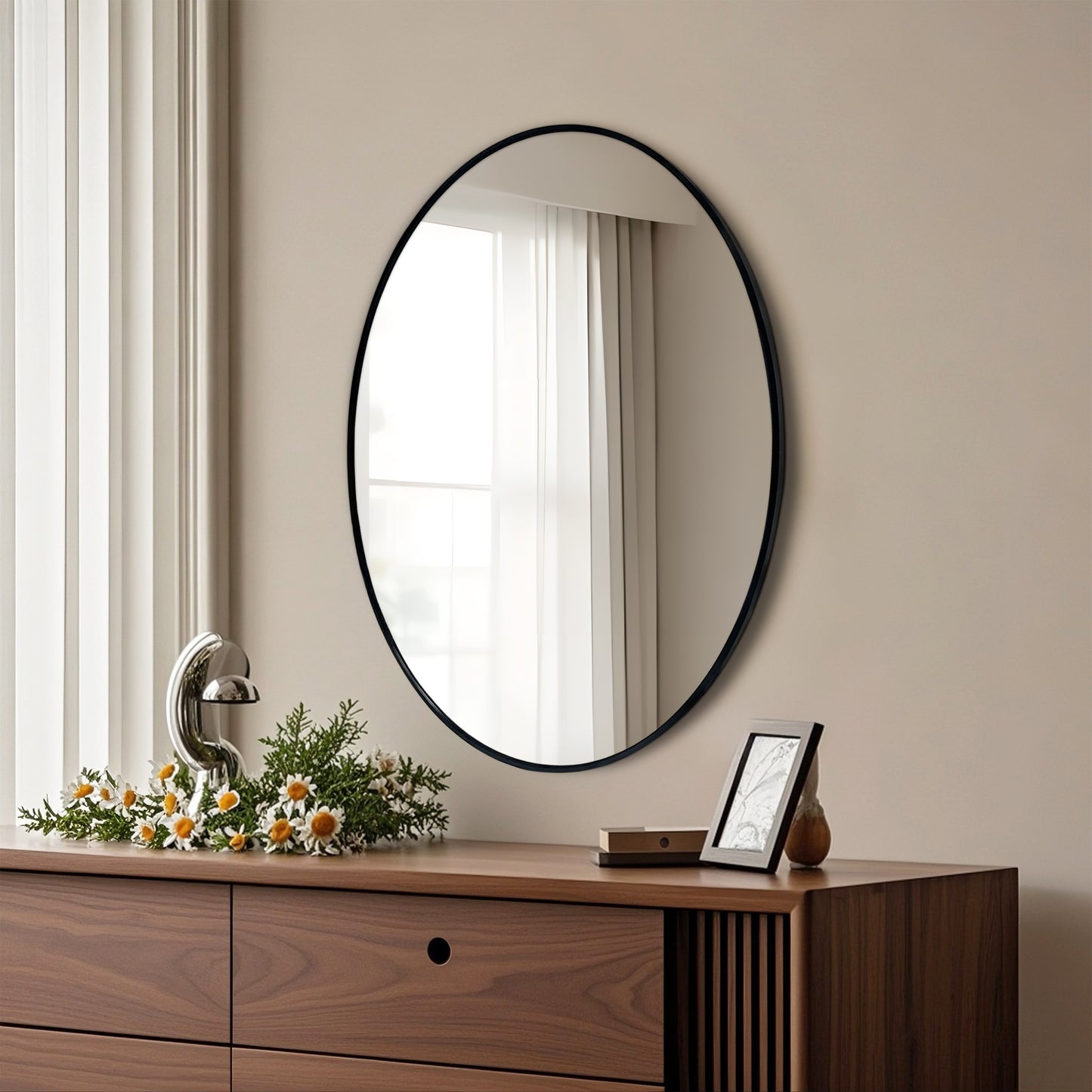 Oval Wall Mirror with Black Frame for Living Room, Bedroom