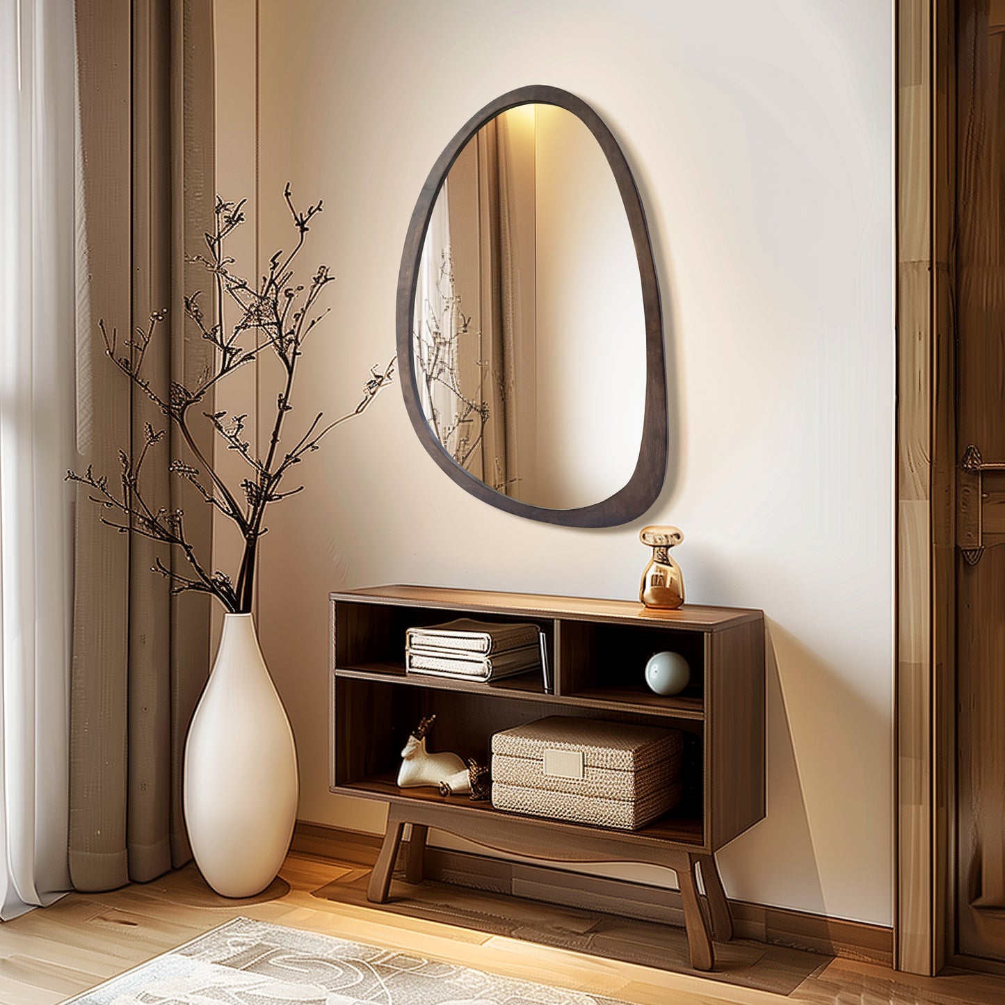 Modern Farmhouse Decorative Asymmetrical Wall Mirror Black Walnut Wood Framed