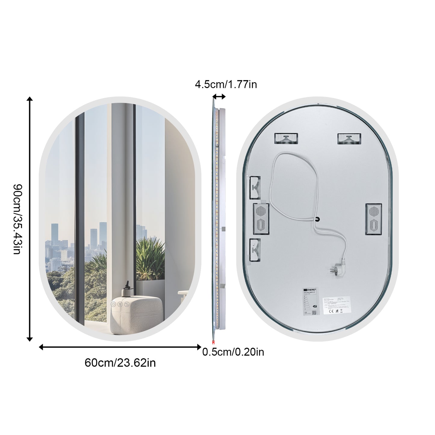 LUVODI Long Oval LED Bathroom Mirror with Bluetooth Speaker, No Display 23.62x35.43 in