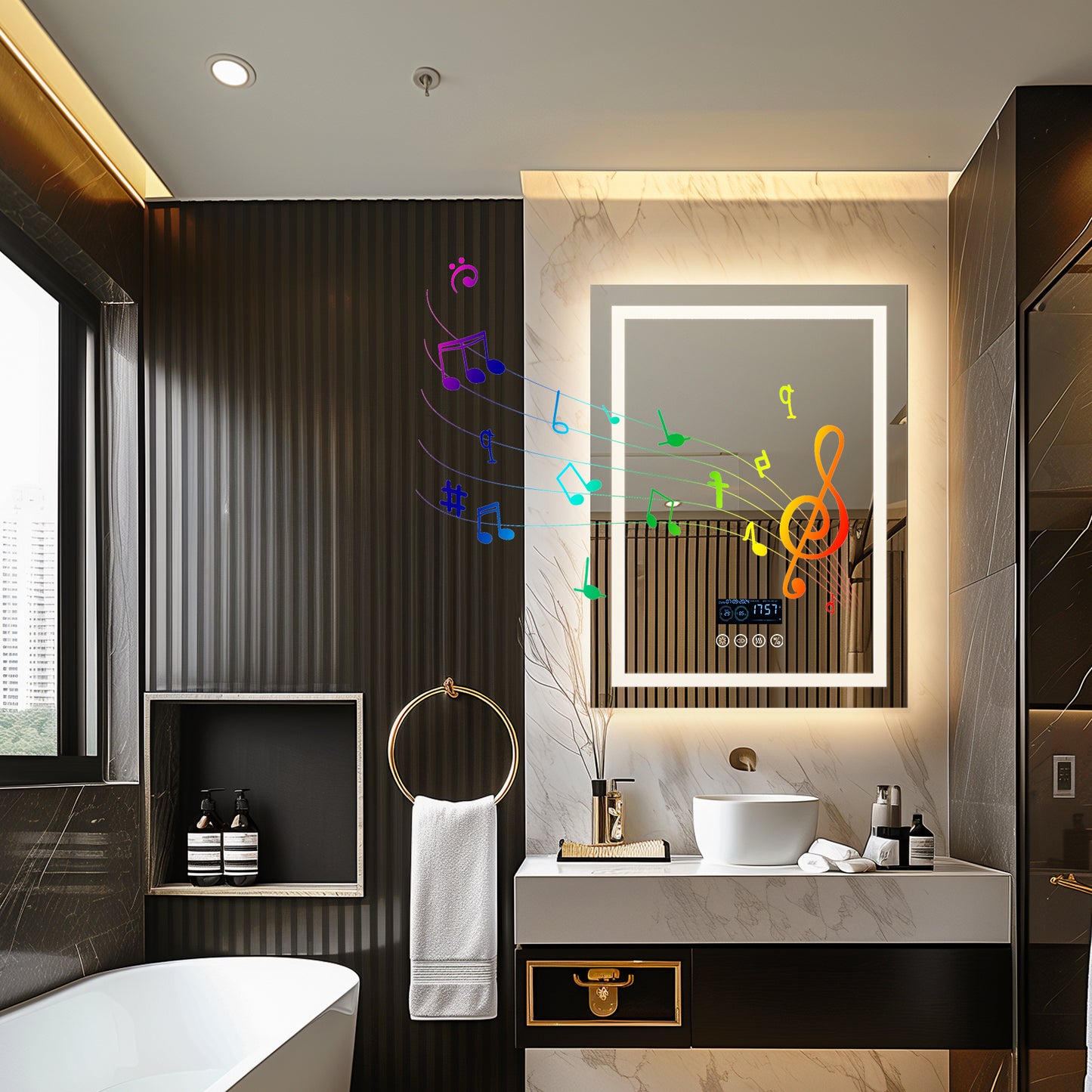 LUVODI LED Bathroom Mirror with Bluethooth Speaker Music Defogging Date & Time Display