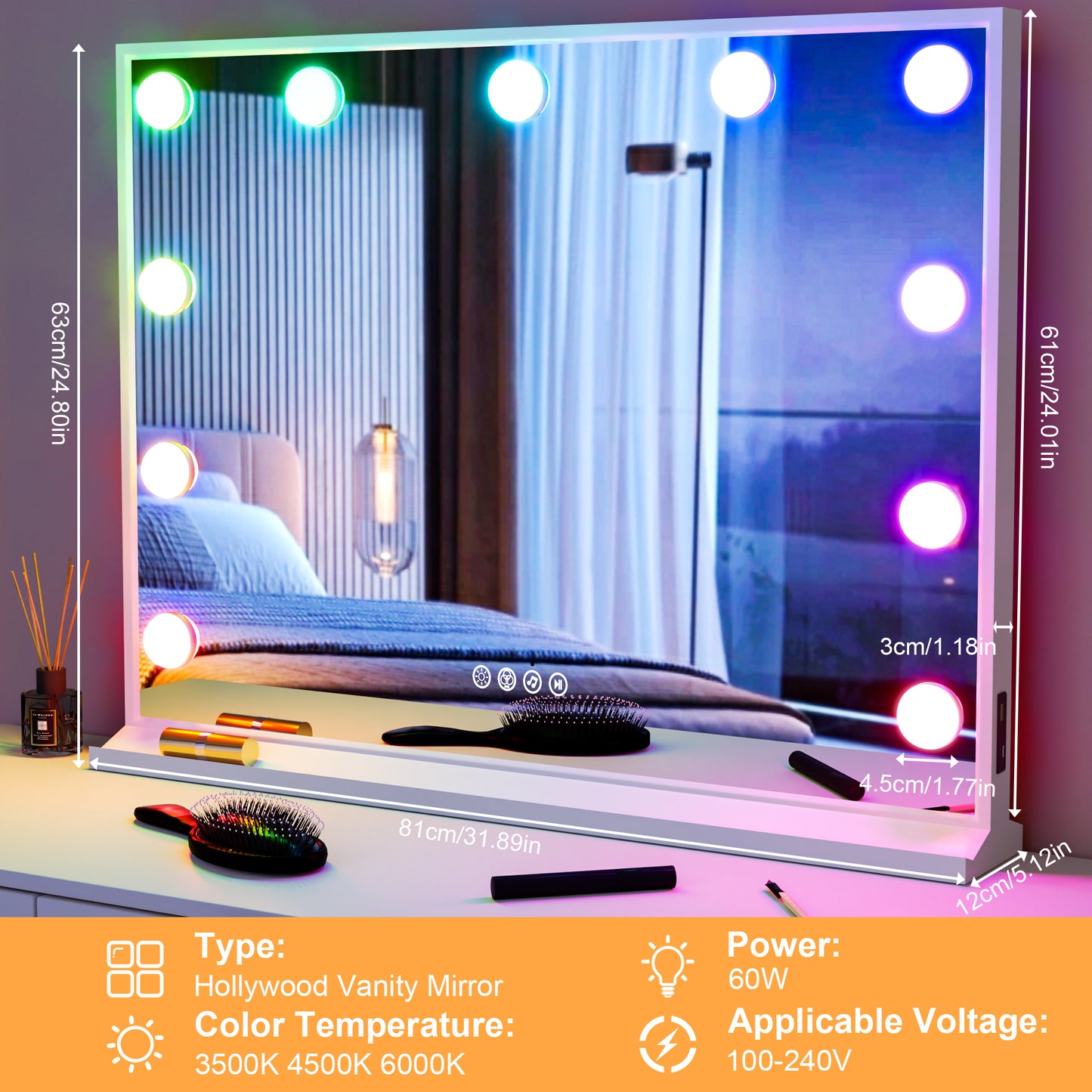 LUVODI Hollywood Vanity Mirror with Lights and Bluetooth Speakers, 32x24in