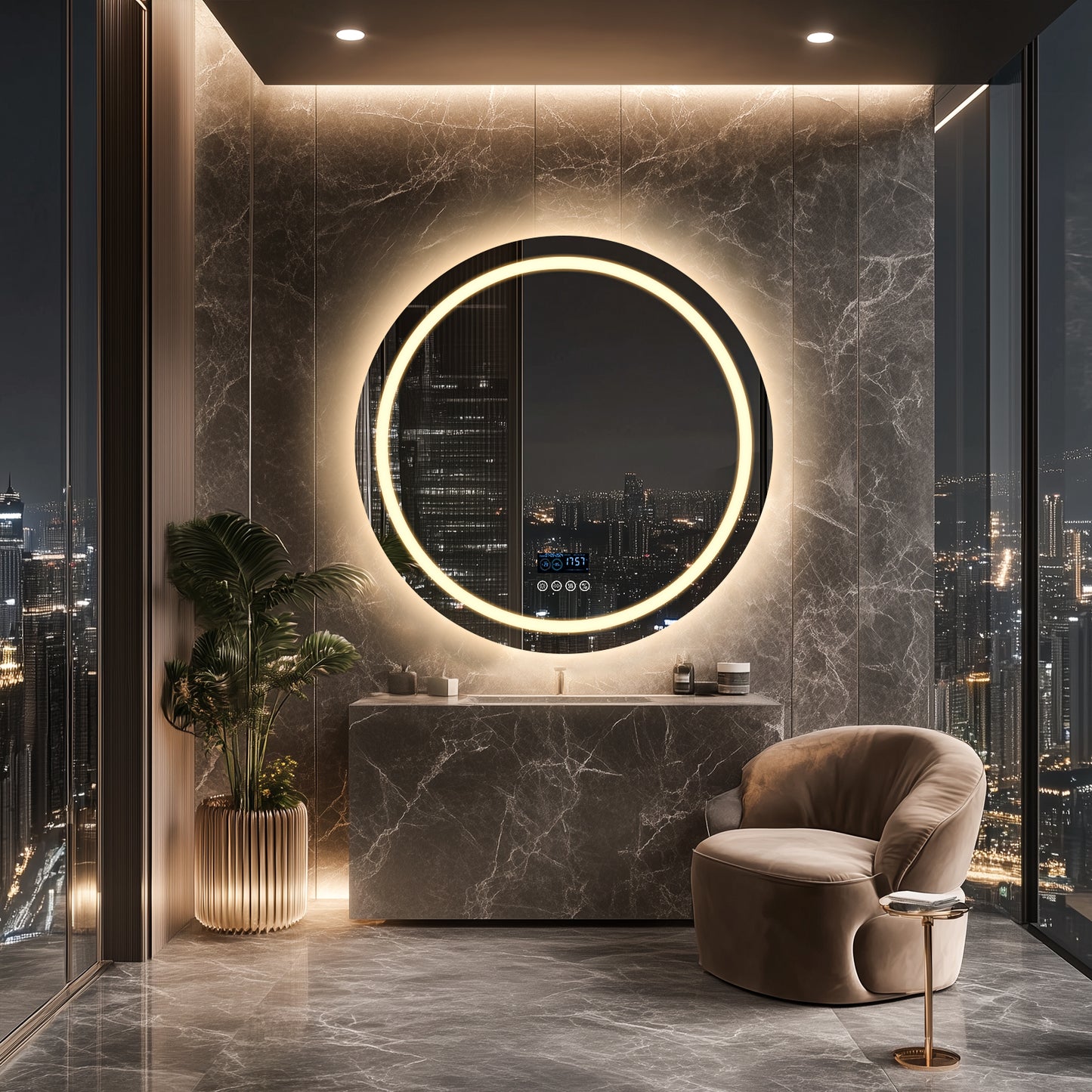 LUVODI Round LED Bluetooth Bathroom Mirror with Smart Display 80x80cm