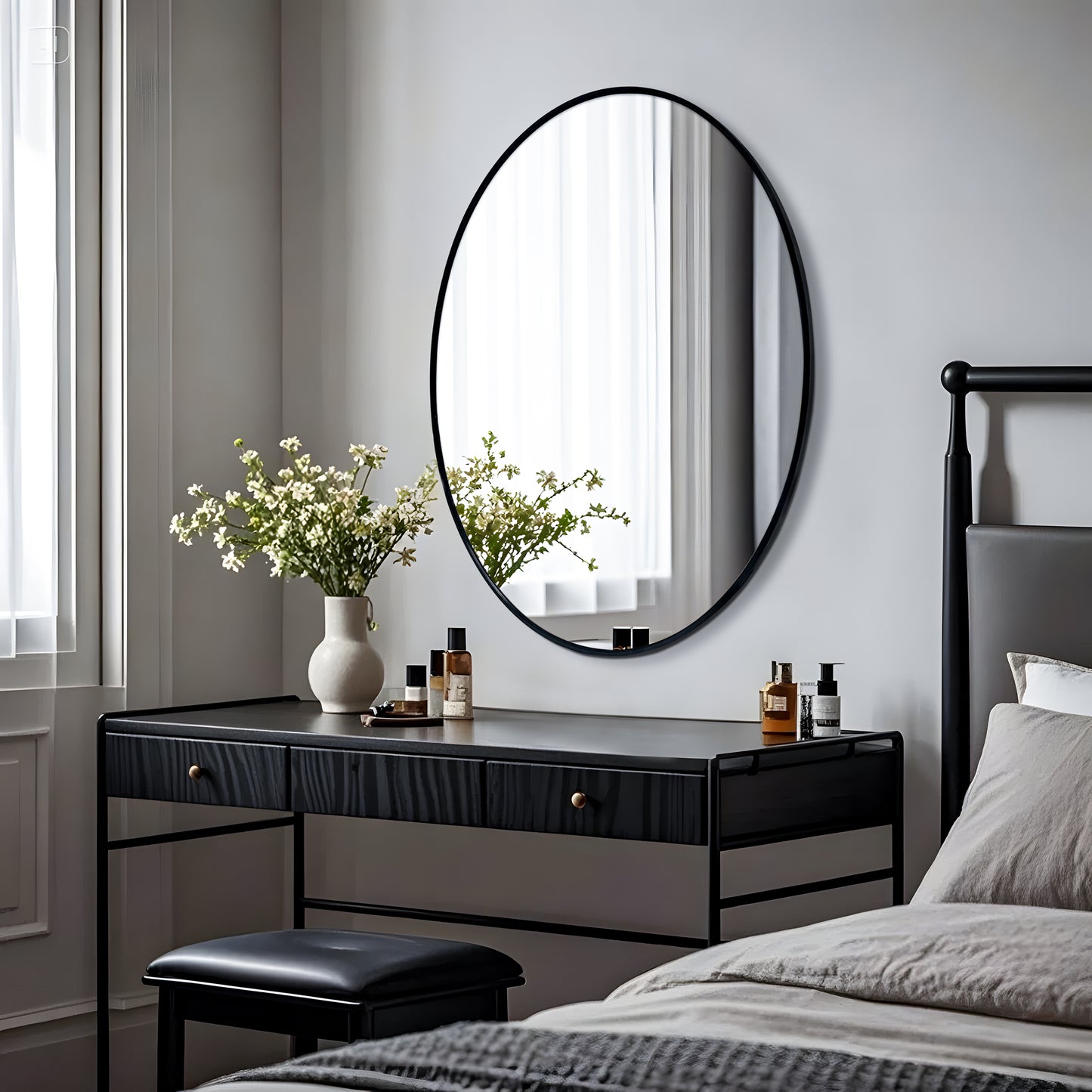 Oval Wall Mirror with Black Frame for Living Room, Bedroom