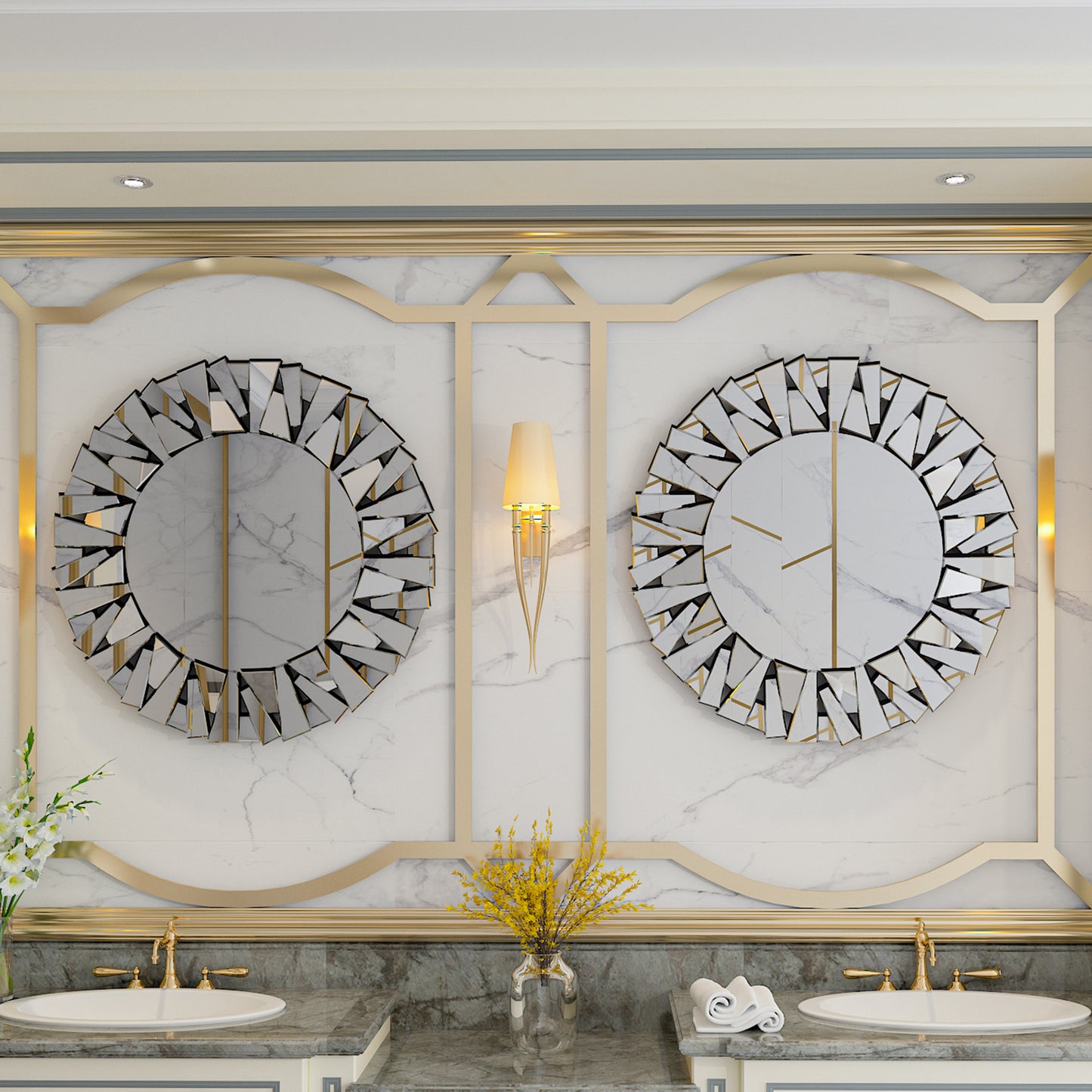 31.5” Round Wall-mounted Sunburst Mirror Silver Glass Accent Mirror for Living Room
