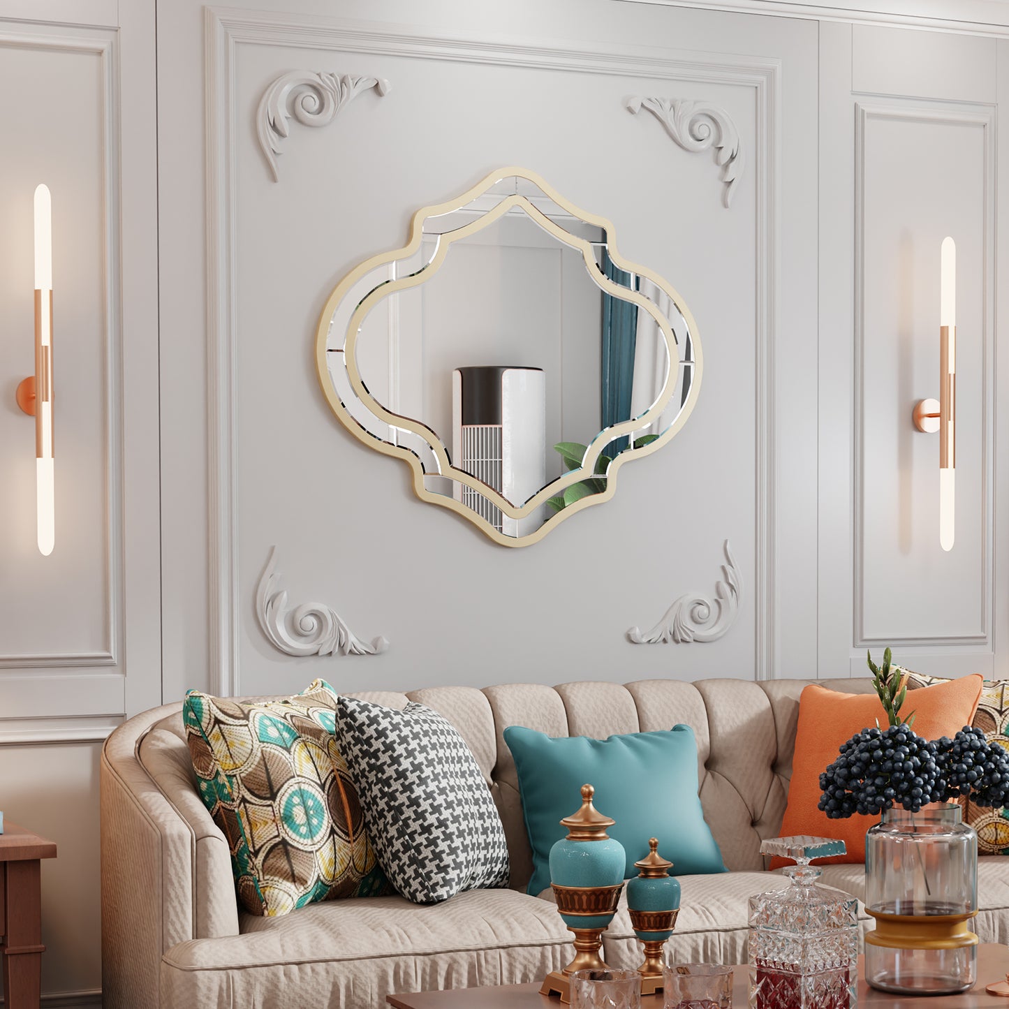 Irregular Silver Wall Decor Mirror Golden Rim for Hallway 31”x34”