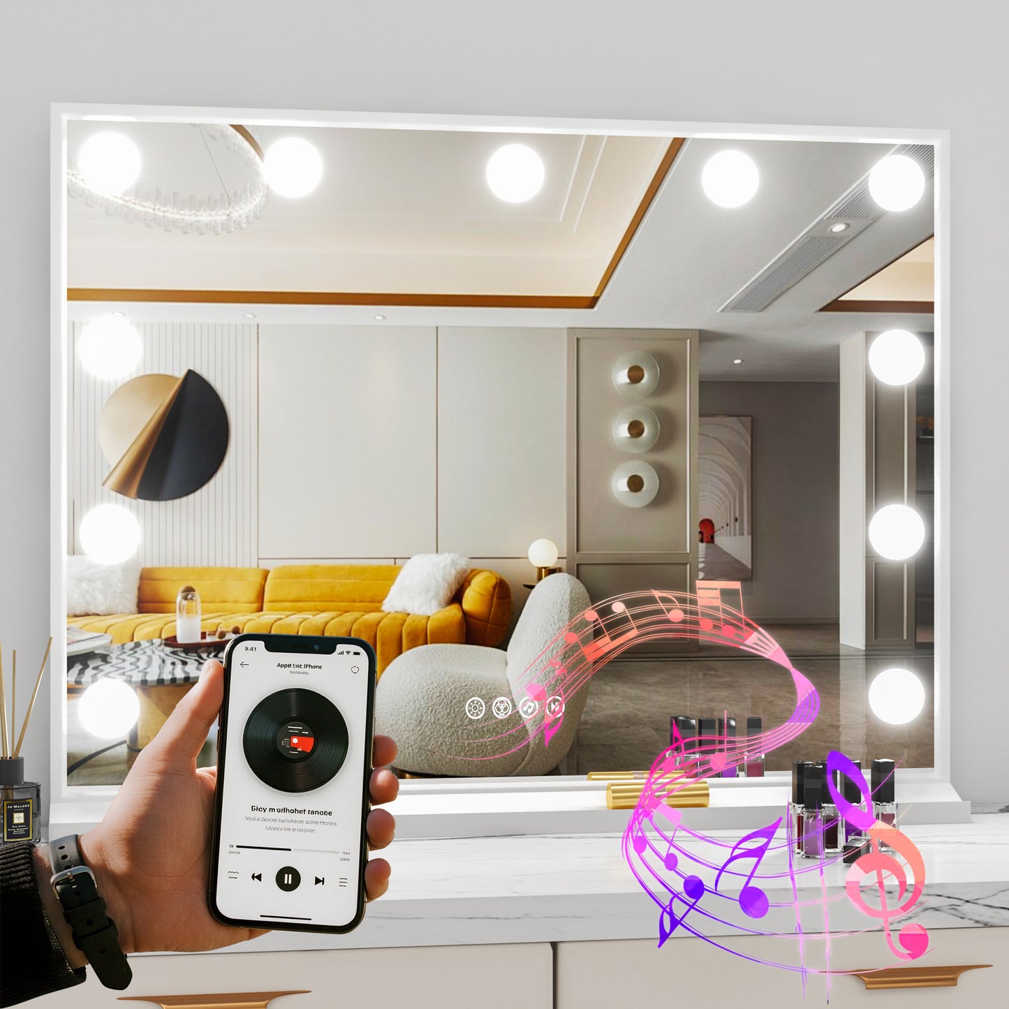 LUVODI Hollywood Vanity Mirror with Lights and Bluetooth Speakers, 32x24in