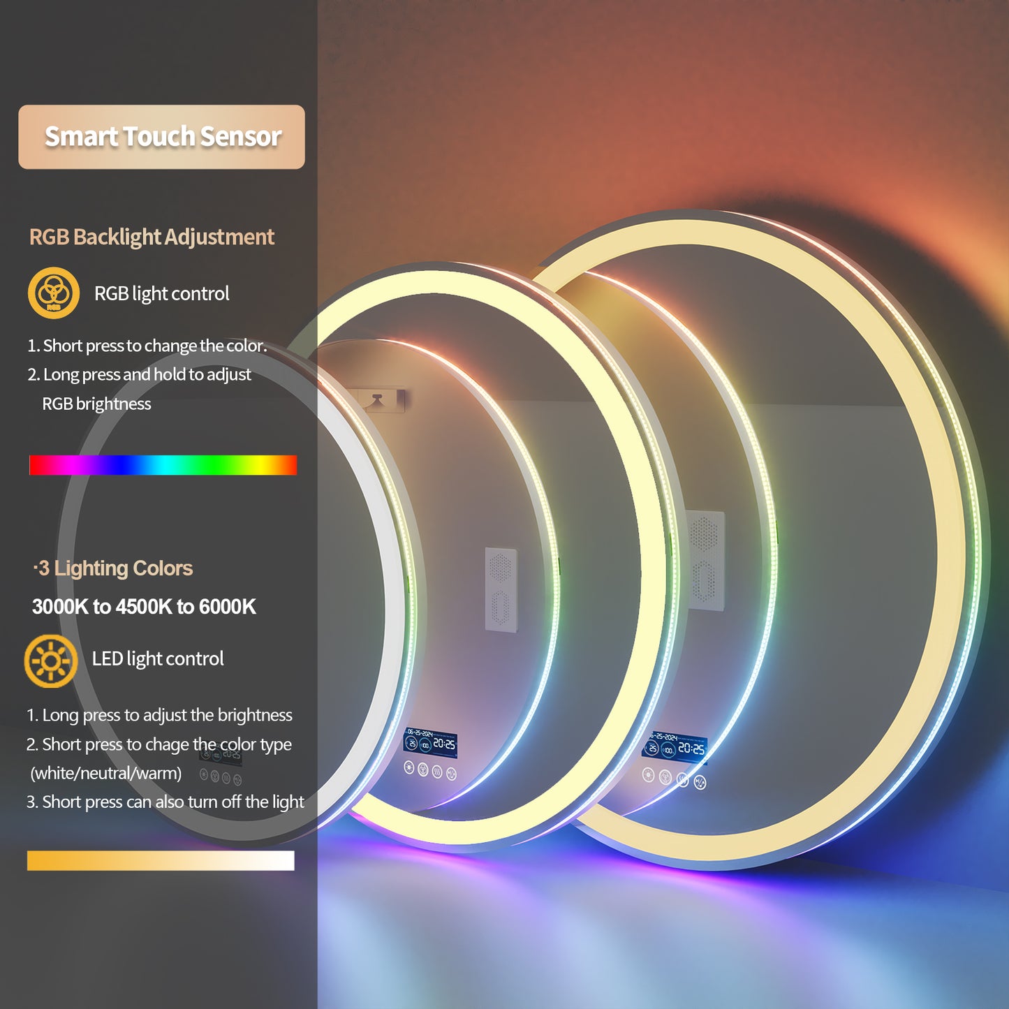 LUVODI Round LED Bluetooth Bathroom Mirror with RGB Backlit