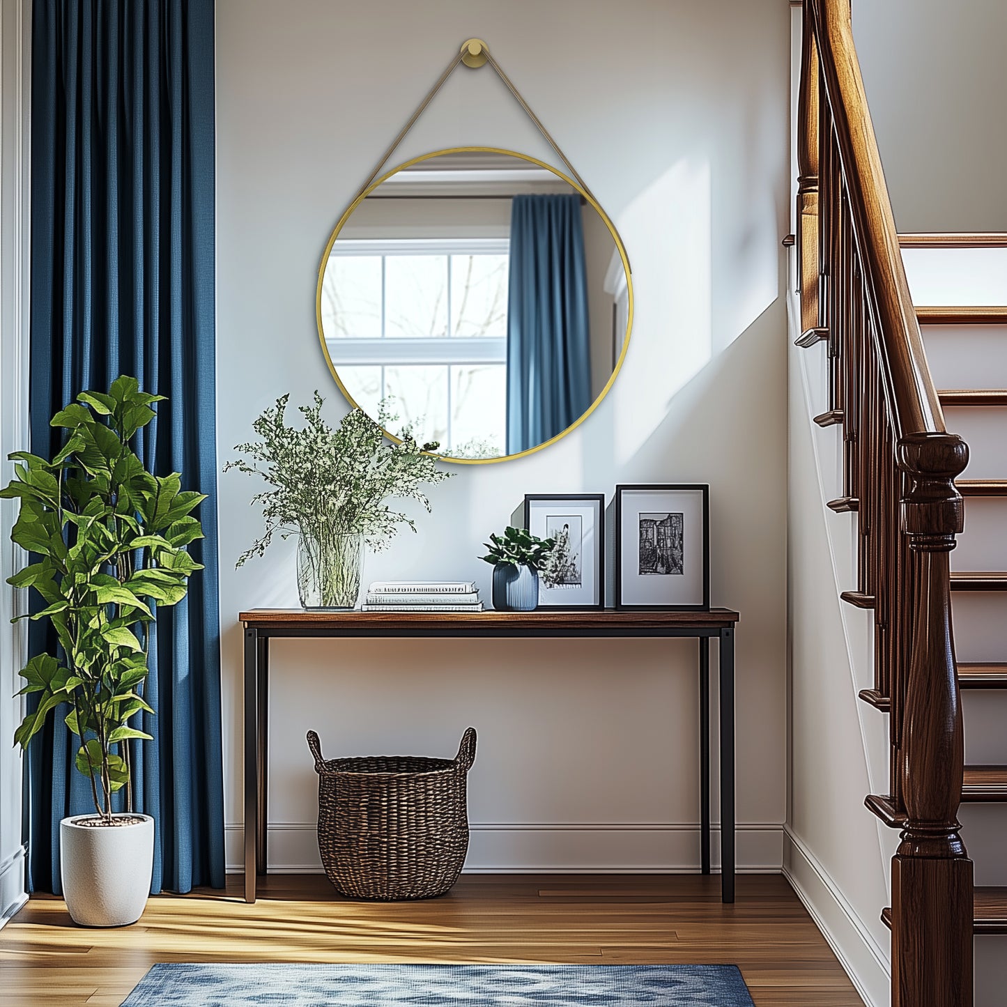 Gold Round Mirror With Hanging Rope For Living Room, Bedroom, Entryway