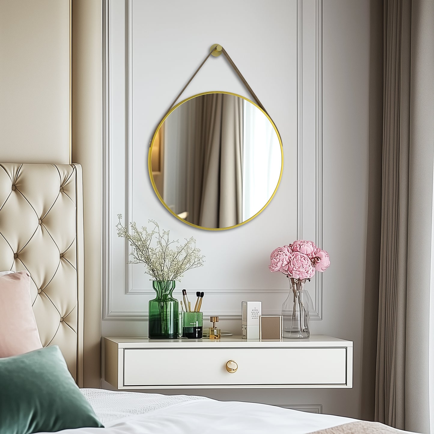 Gold Round Mirror With Hanging Rope For Living Room, Bedroom, Entryway