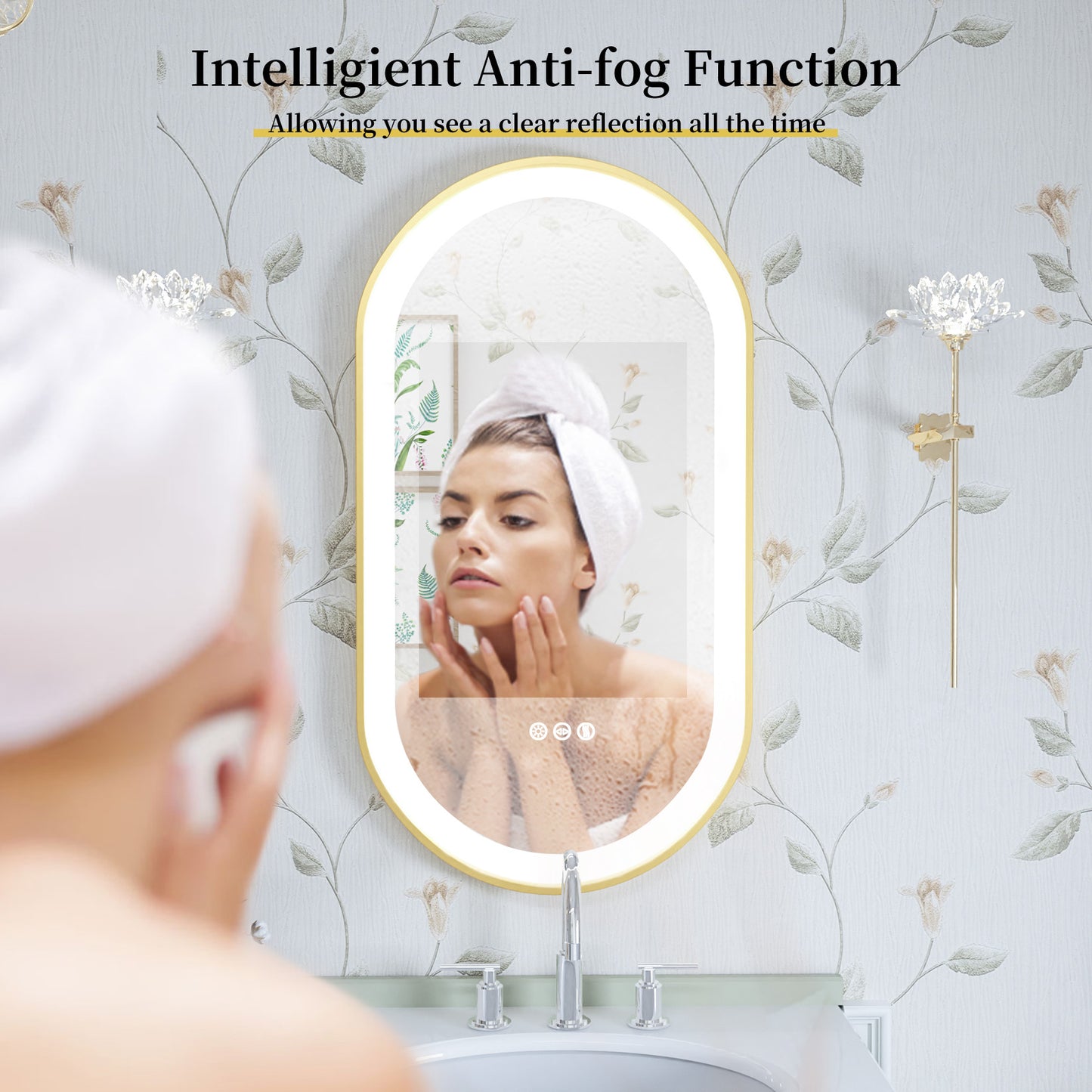 LUVODI Capsule Shape LED Bathroom Mirror with Gold Aluminum Alloy Narrow Frame Defogging 3 Color