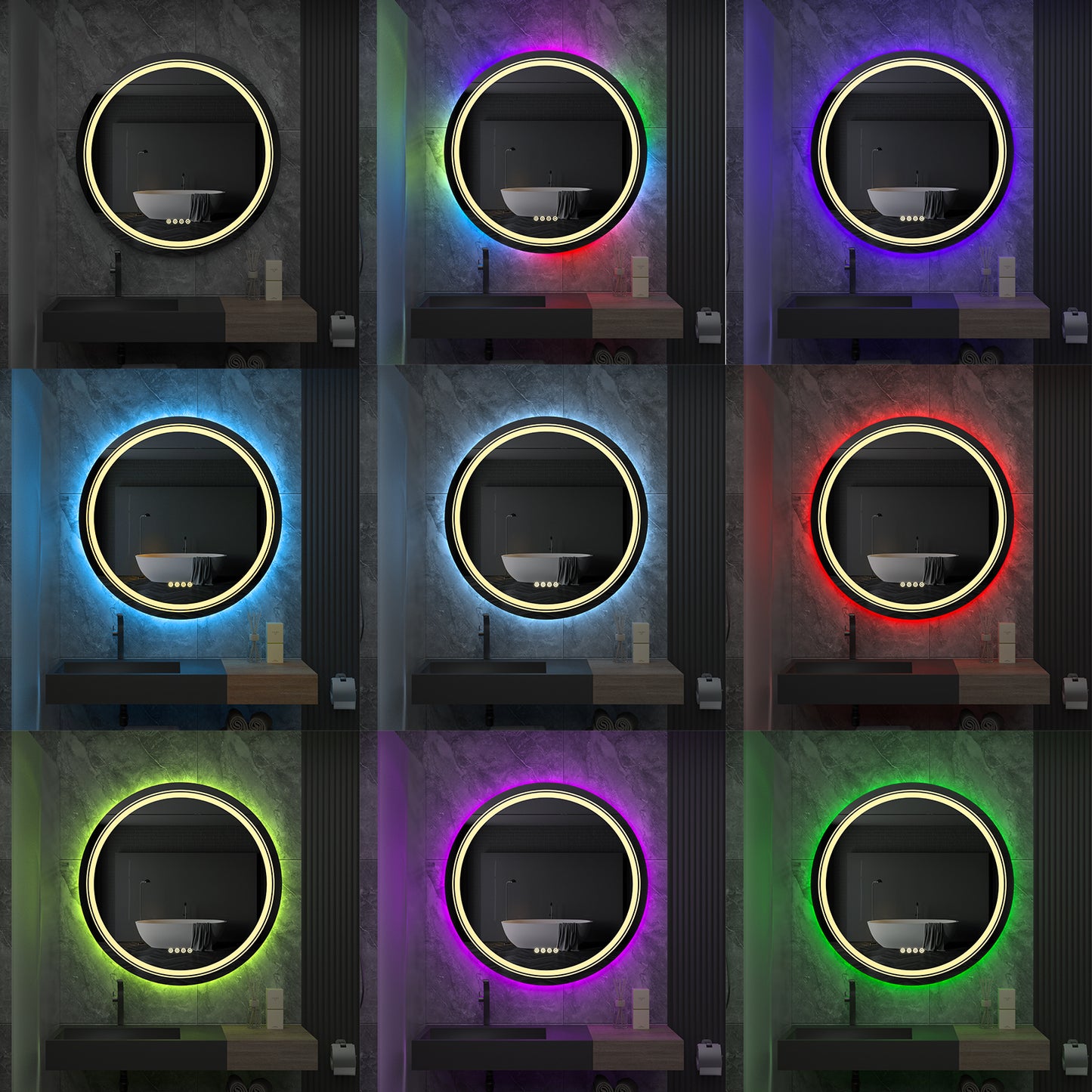 LUVODI Round LED Bathroom Mirror with 8 RGB Backlit 3 Front Light Color Smart Defogging Touch