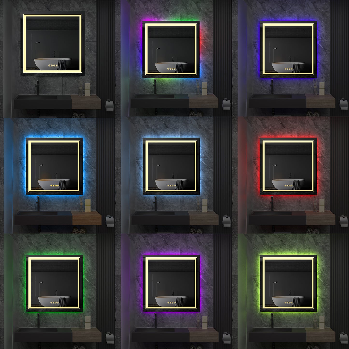 LUVODI 80x80cm Square LED Bathroom Mirror with 8 RGB Backlit 3 Front Light Color Smart Defogging Touch