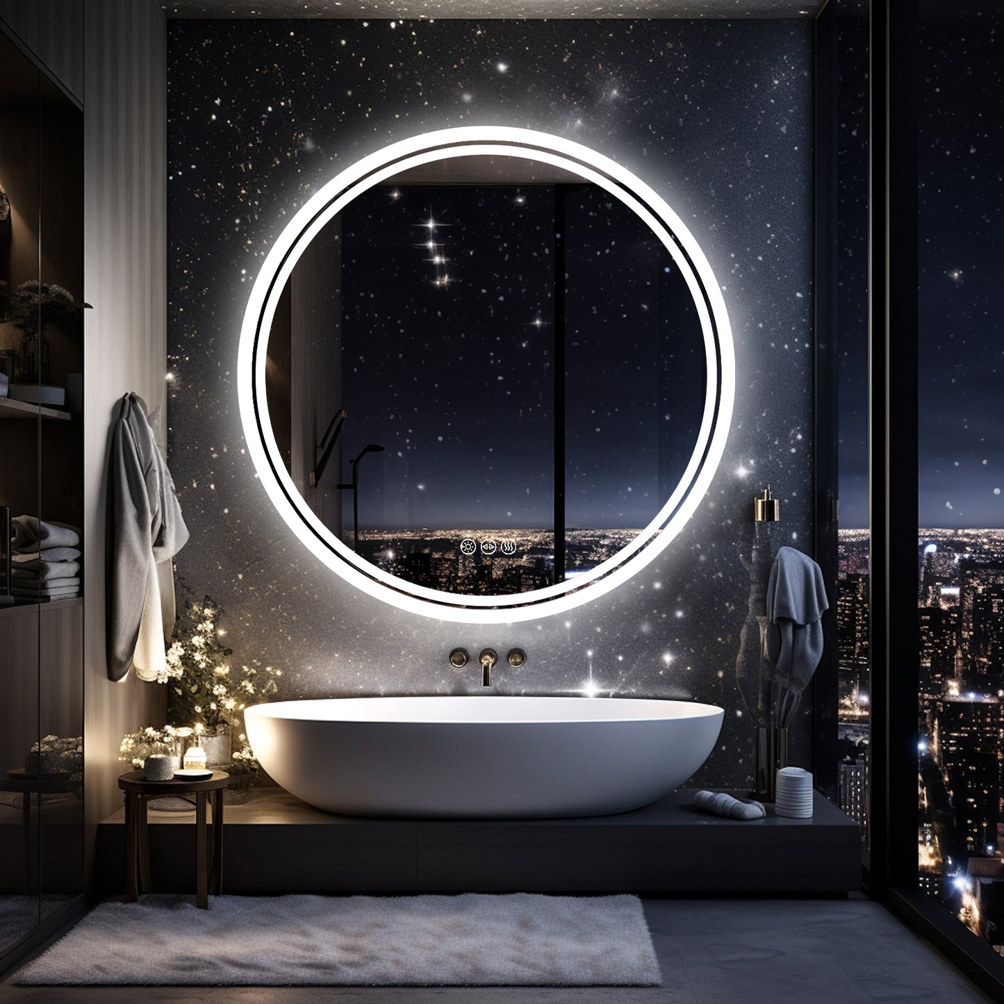 LUVODI Round Illuminated Bathroom Mirror 3 Colors Defogging Smart Mirror(Glowing Outer Edge)