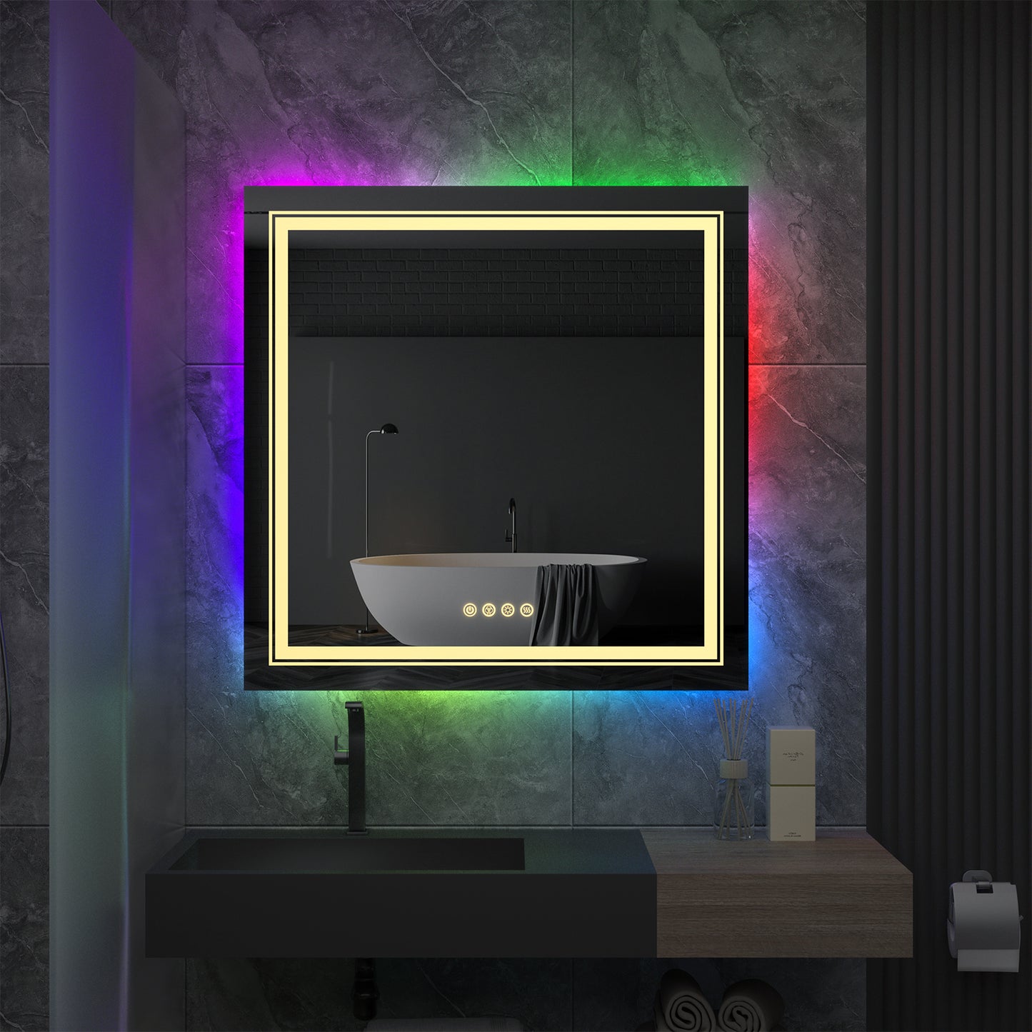 LUVODI 80x80cm Square LED Bathroom Mirror with 8 RGB Backlit 3 Front Light Color Smart Defogging Touch