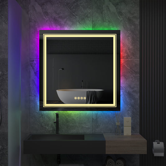 LUVODI 80x80cm Square LED Bathroom Mirror with 8 RGB Backlit 3 Front Light Color Smart Defogging Touch