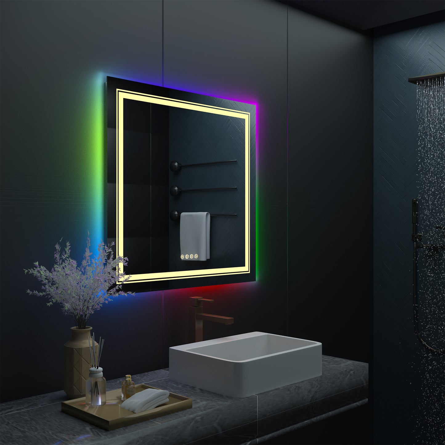 LUVODI 80x80cm Square LED Bathroom Mirror with 8 RGB Backlit 3 Front Light Color Smart Defogging Touch
