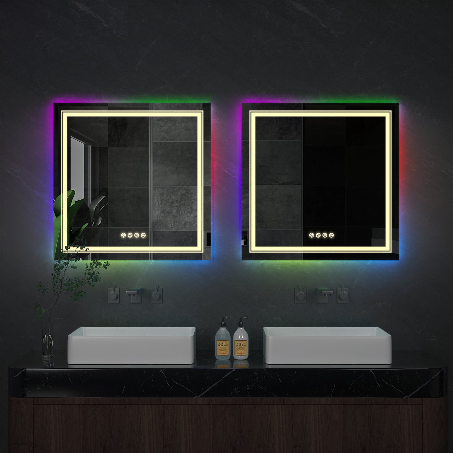 LUVODI 80x80cm Square LED Bathroom Mirror with 8 RGB Backlit 3 Front Light Color Smart Defogging Touch