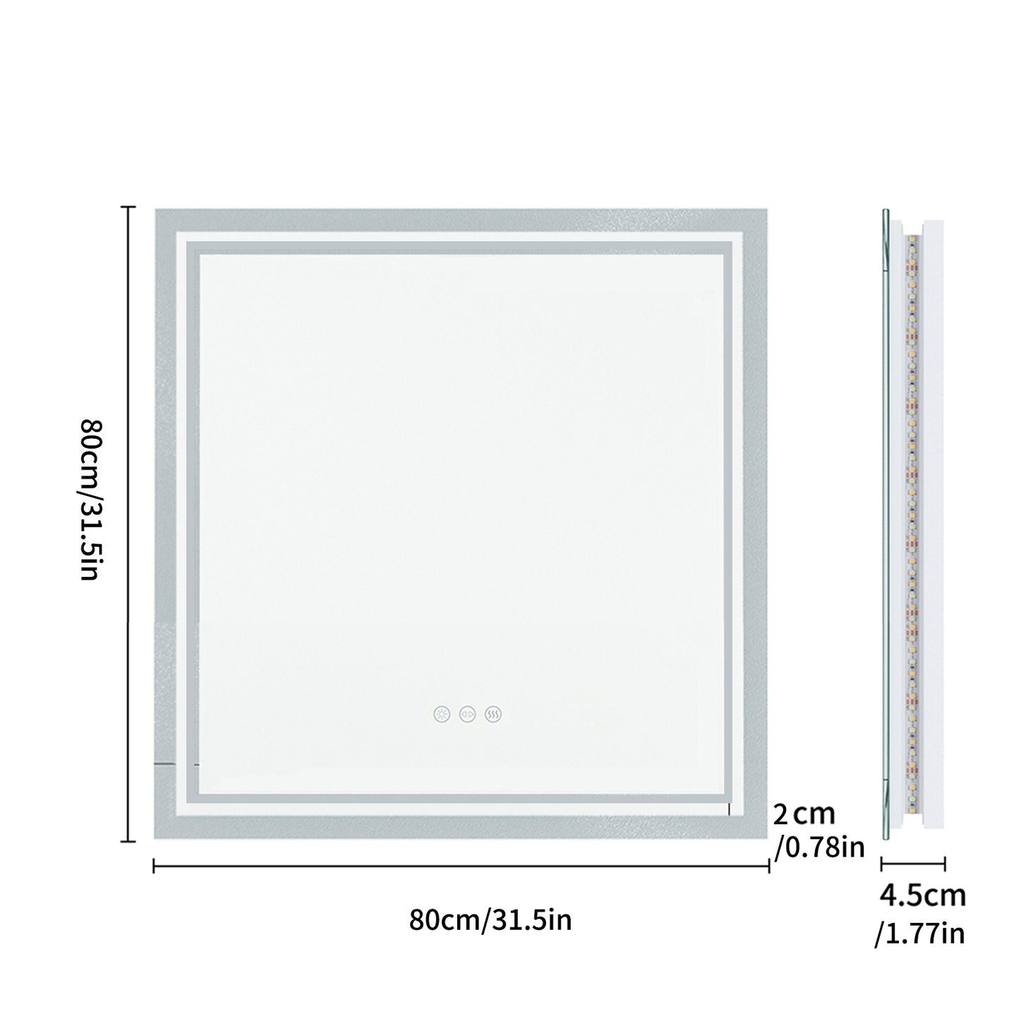 LUVODI 80x80cm Square LED Bathroom Mirror Anti-fog, 3-color Stepless Dimming(Glowing Outer Edge)