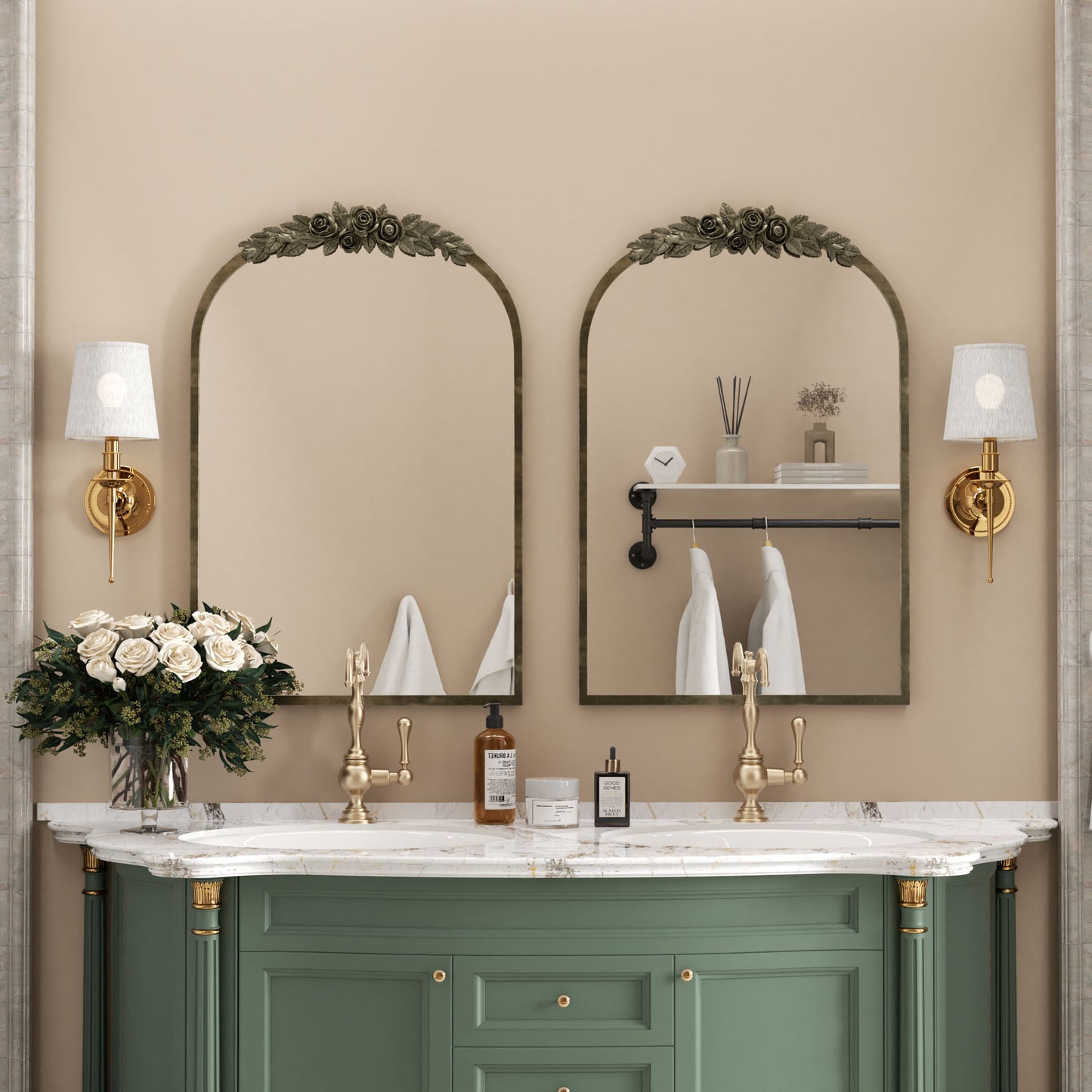 Vintage Arched Art Mirror with Flower Relief Frame for Living Room, Fireplace, 23.8”x36”