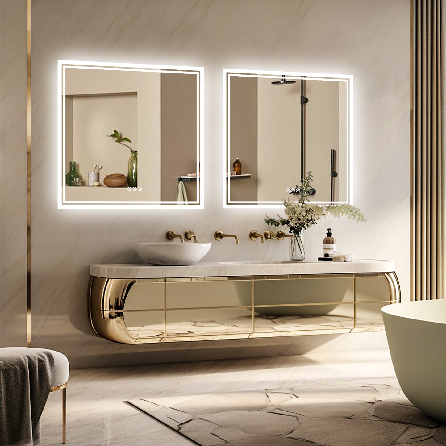 LUVODI 80x80cm Square LED Bathroom Mirror Anti-fog, 3-color Stepless Dimming(Glowing Outer Edge)