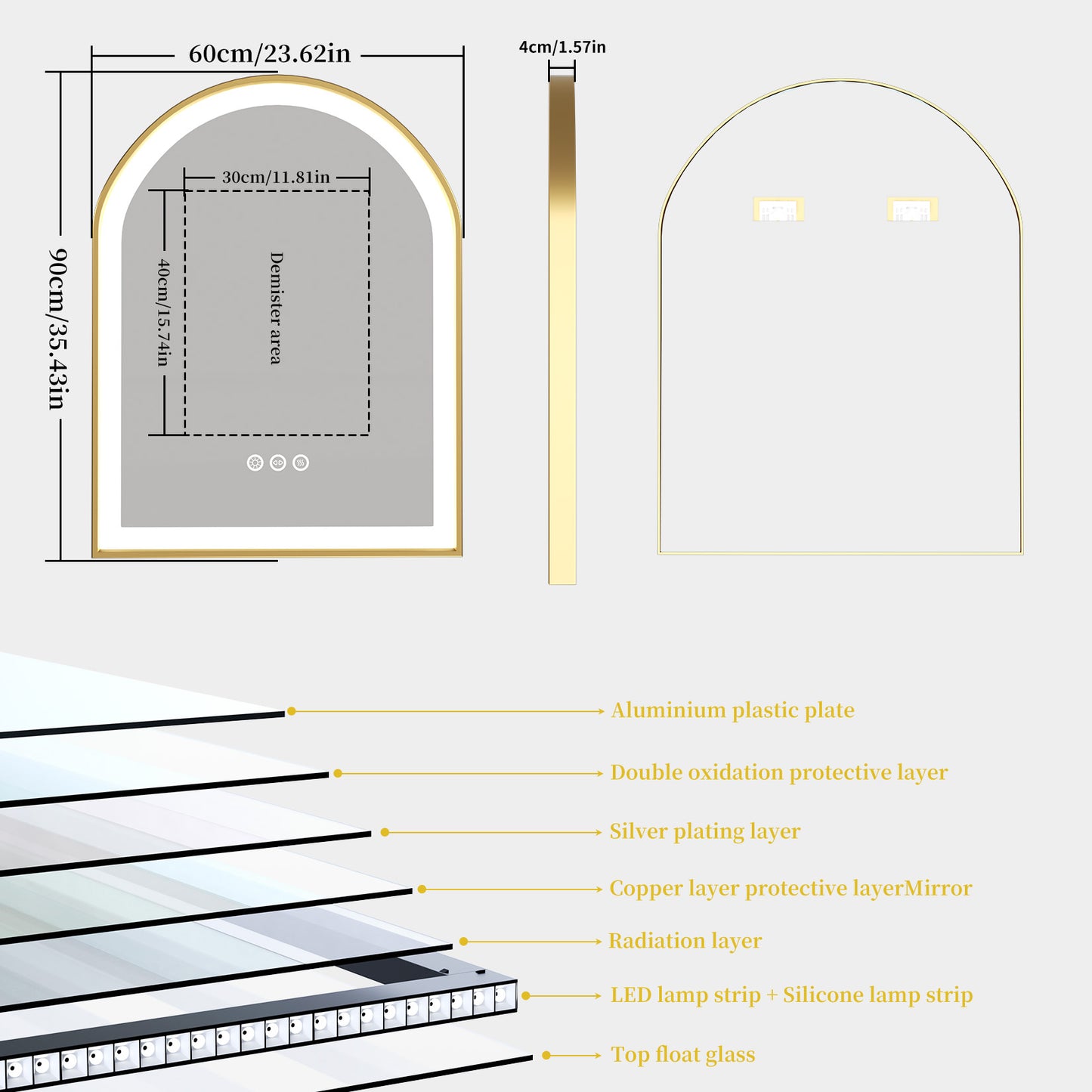 LUVODI Arched LED Bathroom Mirror with Gold Aluminum Alloy Narrow Frame Defogging 3 Color