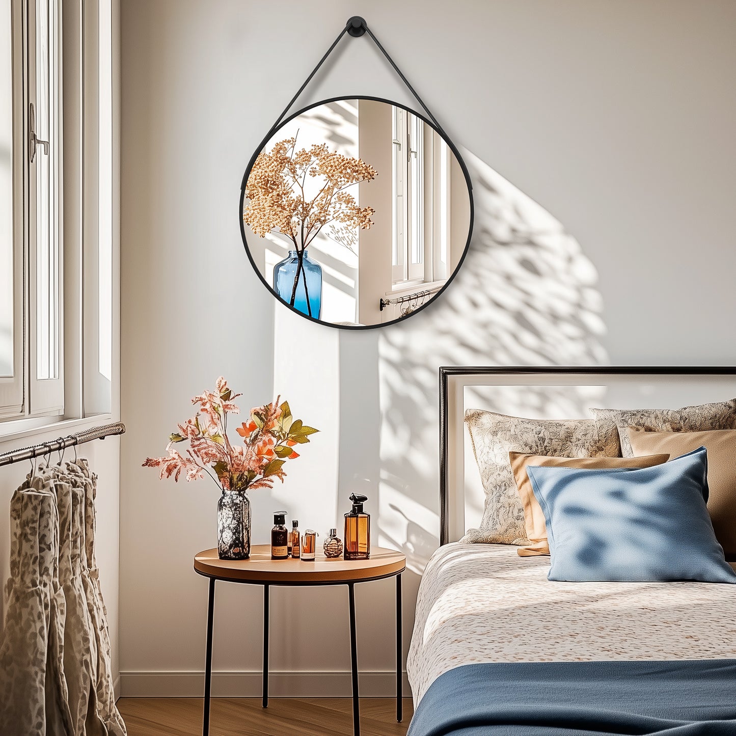 Black Round Mirror With Hanging Rope For Living Room, Bedroom, Entryway