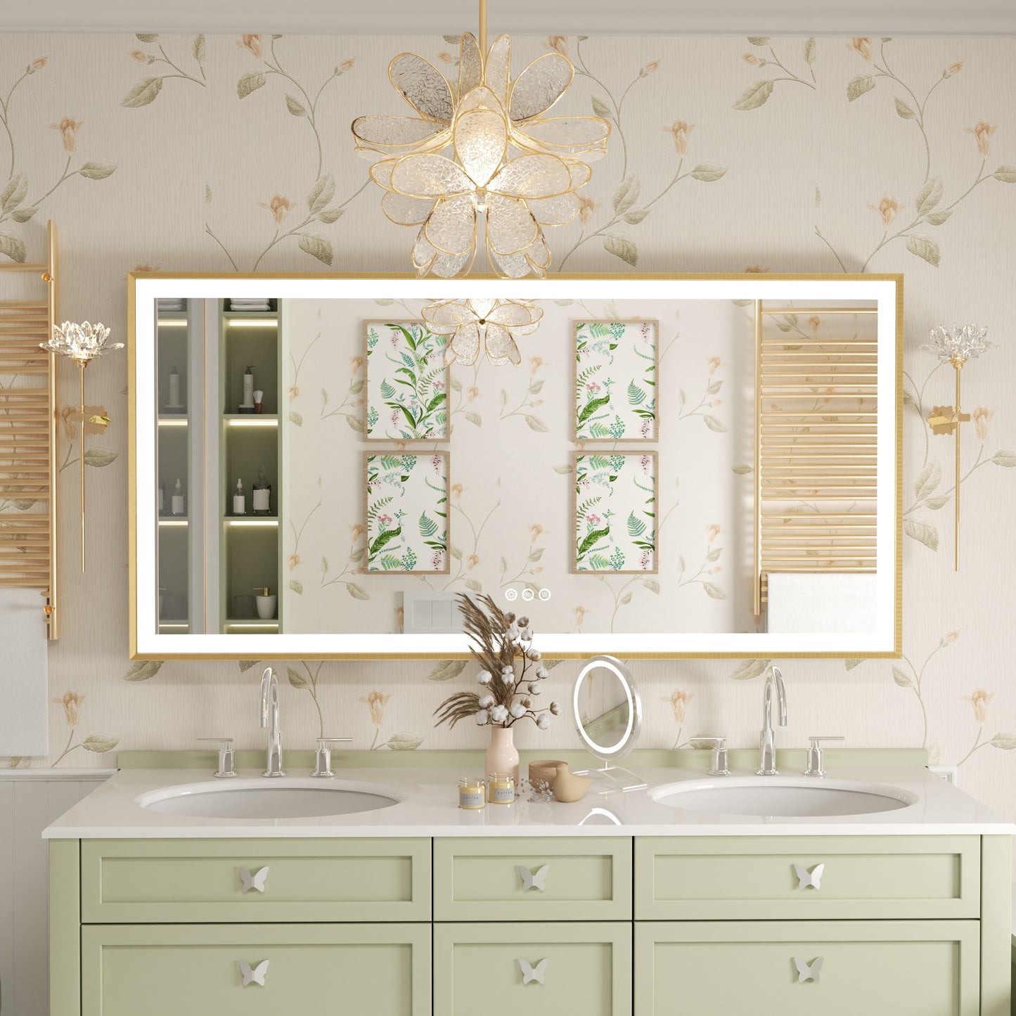 LUVODI Rctangular LED Bathroom Mirror with Gold Aluminum Alloy Narrow Frame Defogging 3 Color