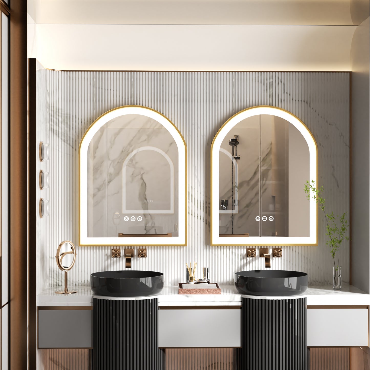 LUVODI Arched LED Bathroom Mirror with Gold Aluminum Alloy Narrow Frame Defogging 3 Color