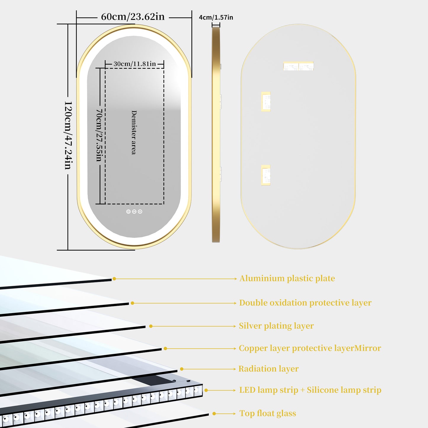 LUVODI Capsule Shape LED Bathroom Mirror with Gold Aluminum Alloy Narrow Frame Defogging 3 Color